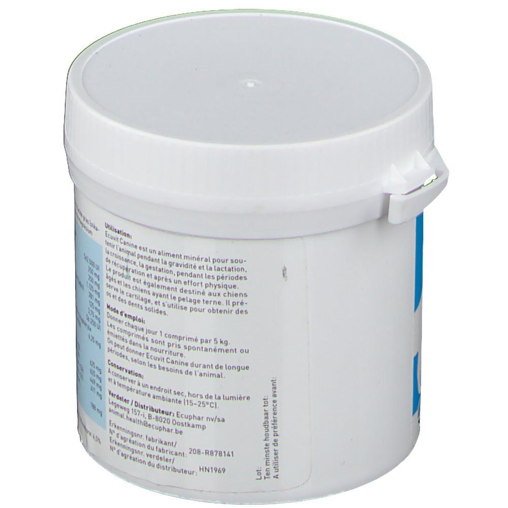 Récipient blanc avec couvercle. Inscription bleue avec instructions d'utilisation. Texte en néerlandais.
