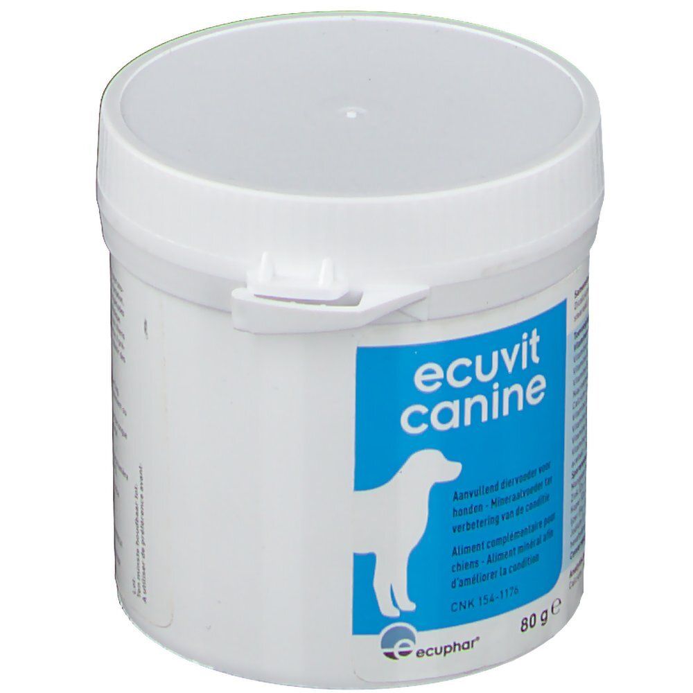 Seau blanc avec étiquette bleue. Inscription: Ecuvit Canine. Silhouette de chien. Texte en néerlandais et français. 80 g.