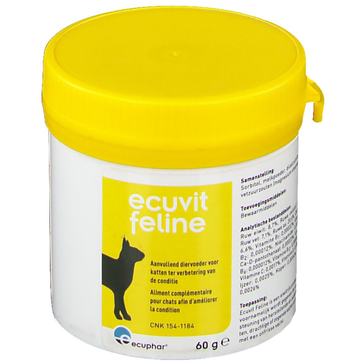 Boîte blanche et couvercle jaune. Inscription "Ecuvit feline" et silhouette de chat. 60 g.