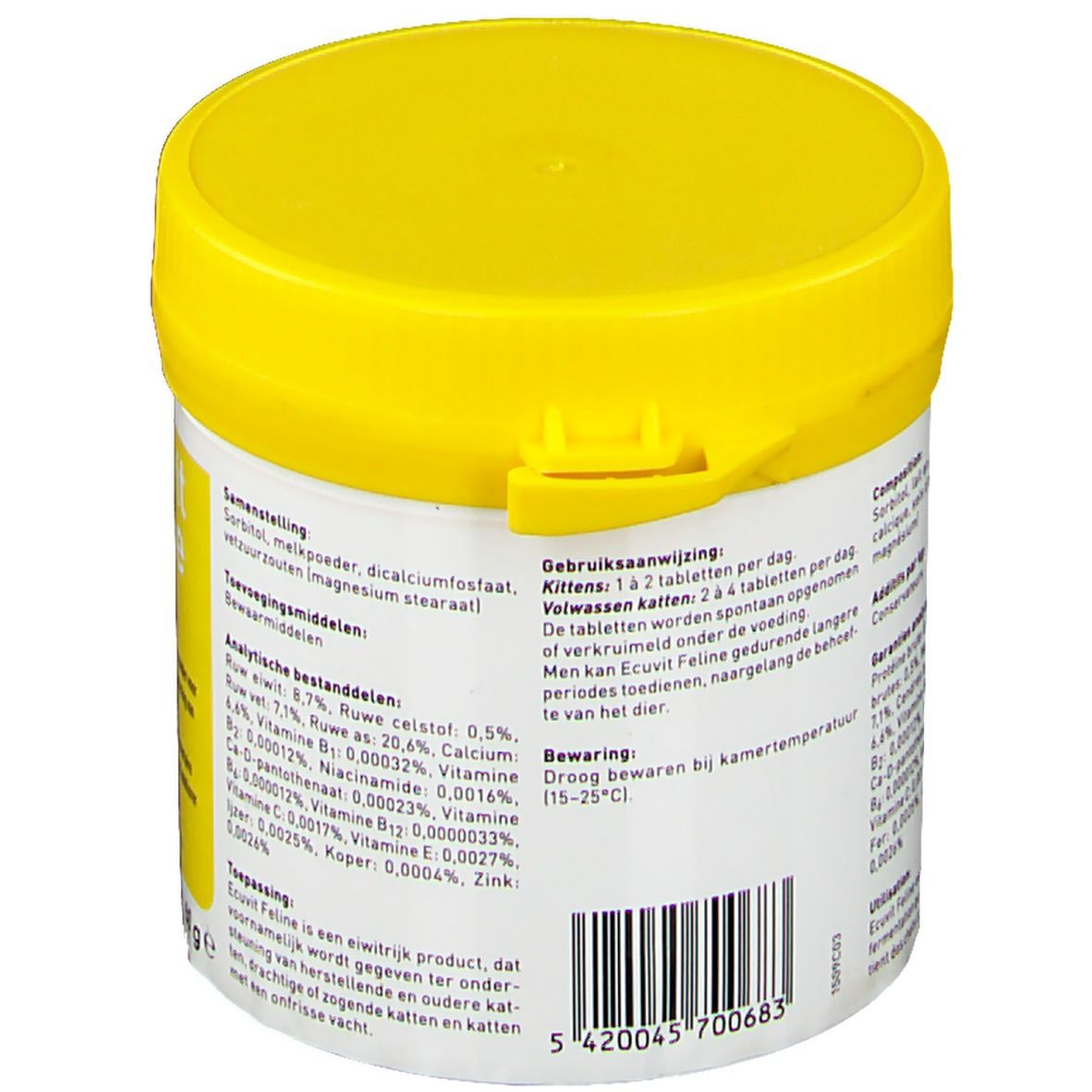 Boîte blanche et couvercle jaune. Dos avec texte et code-barres. Informations sur ingrédients et utilisation.