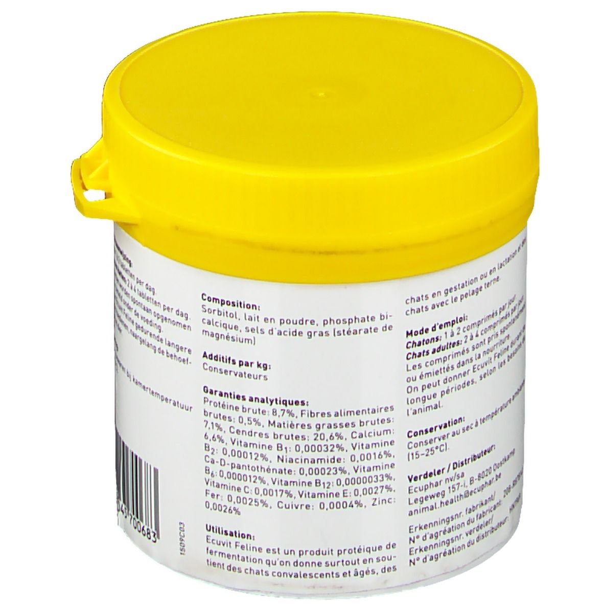 Boîte blanche et couvercle jaune. Dos avec texte. Informations sur ingrédients et utilisation.