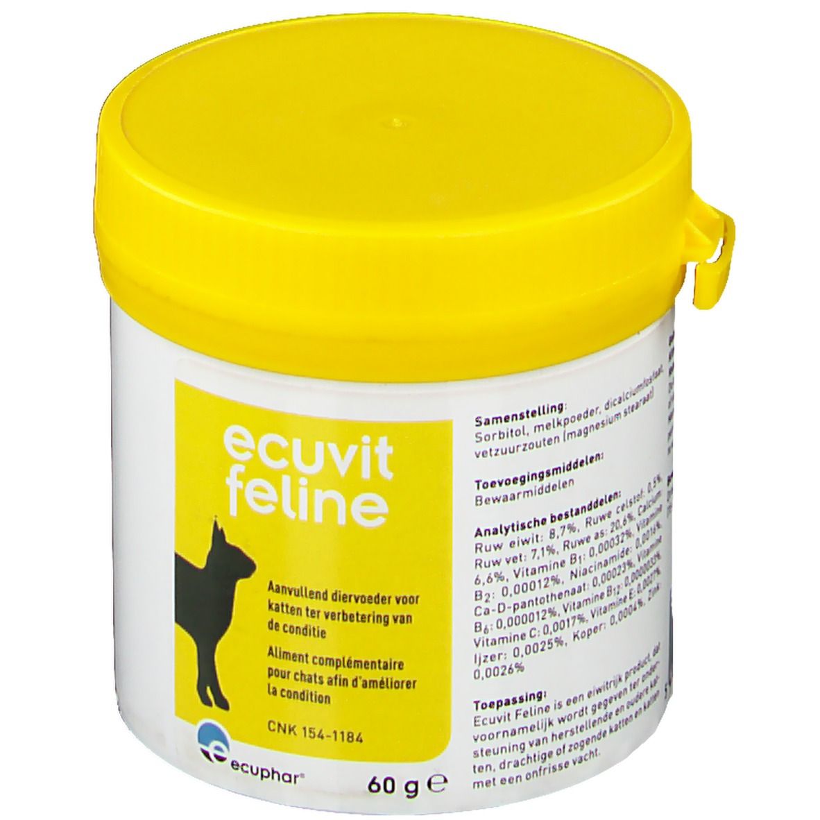 Boîte blanche et couvercle jaune. Inscription "Ecuvit feline" et silhouette de chat. 60 g.