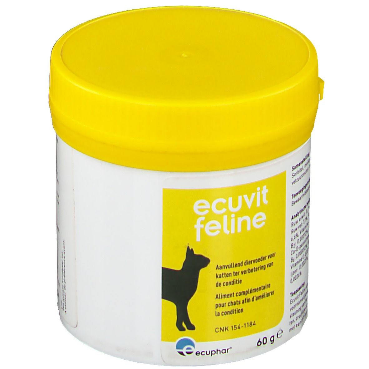Boîte blanche et couvercle jaune. Inscription "Ecuvit feline" et silhouette de chat. 60 g.