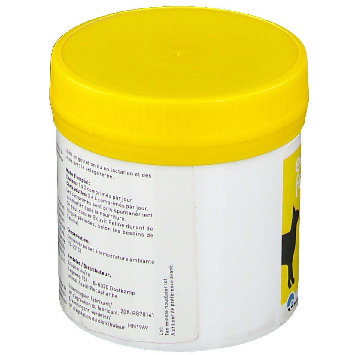 Boîte blanche et couvercle jaune. Dos avec texte. Informations sur l'utilisation et le fabricant.