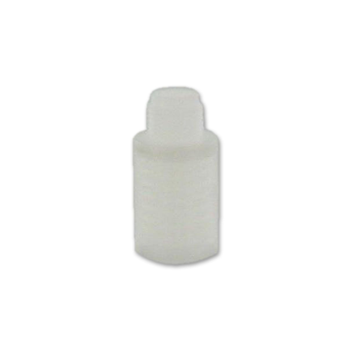 Filtre cylindrique blanc avec un petit embout cylindrique. Le filtre a une forme arrondie.