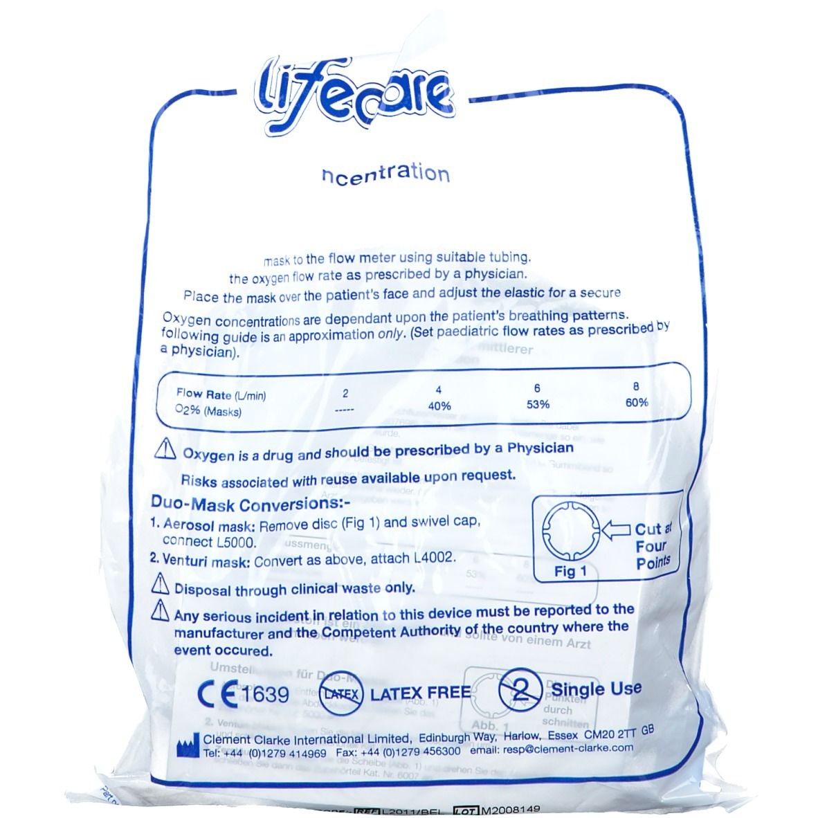 Dos de l'emballage du masque à oxygène. Texte avec instructions et schémas. Logo "LifeCare". Marquage CE et "Single Use".