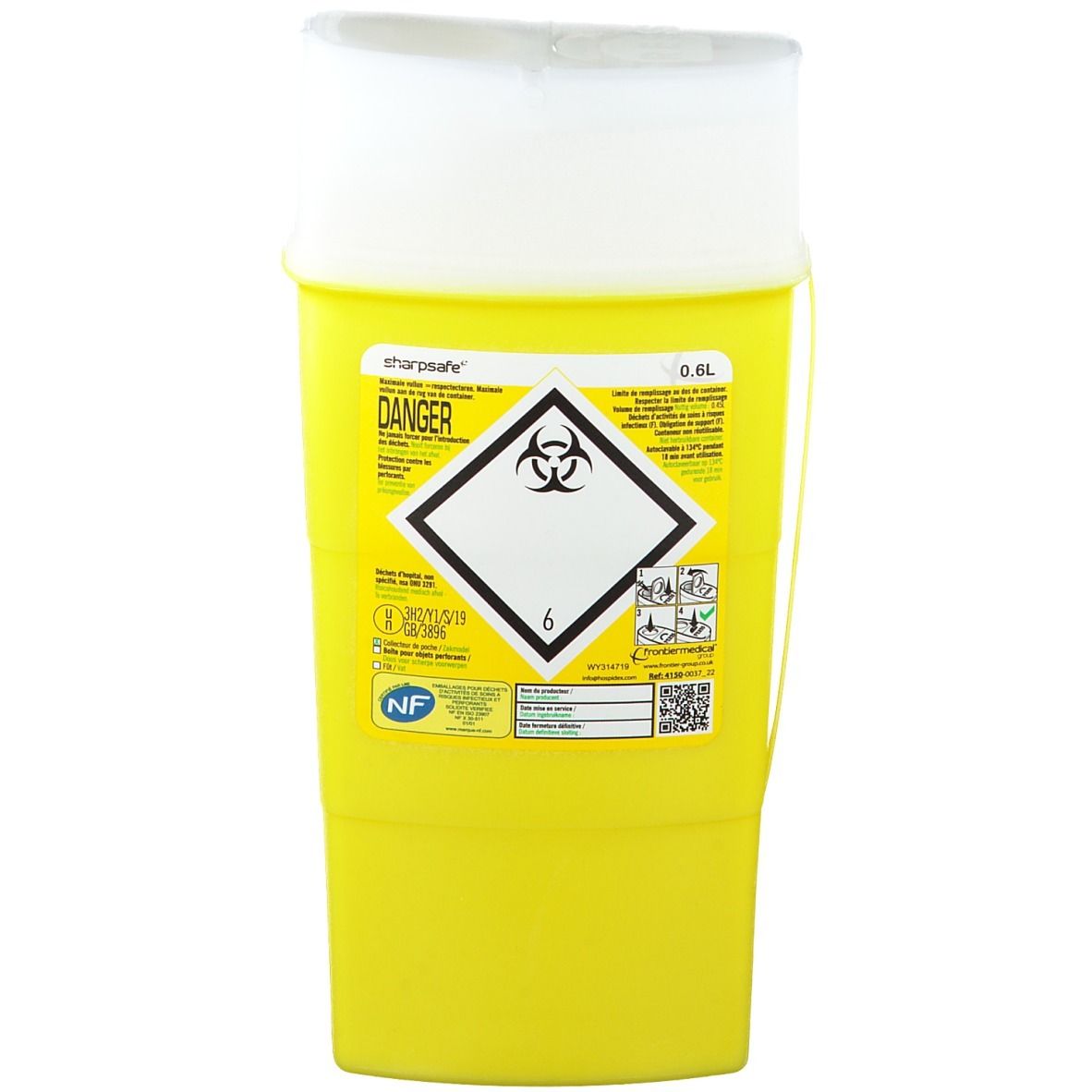 Conteneur jaune avec couvercle blanc. Étiquette avec symbole de risque biologique et texte. Inscription : 0,6L.