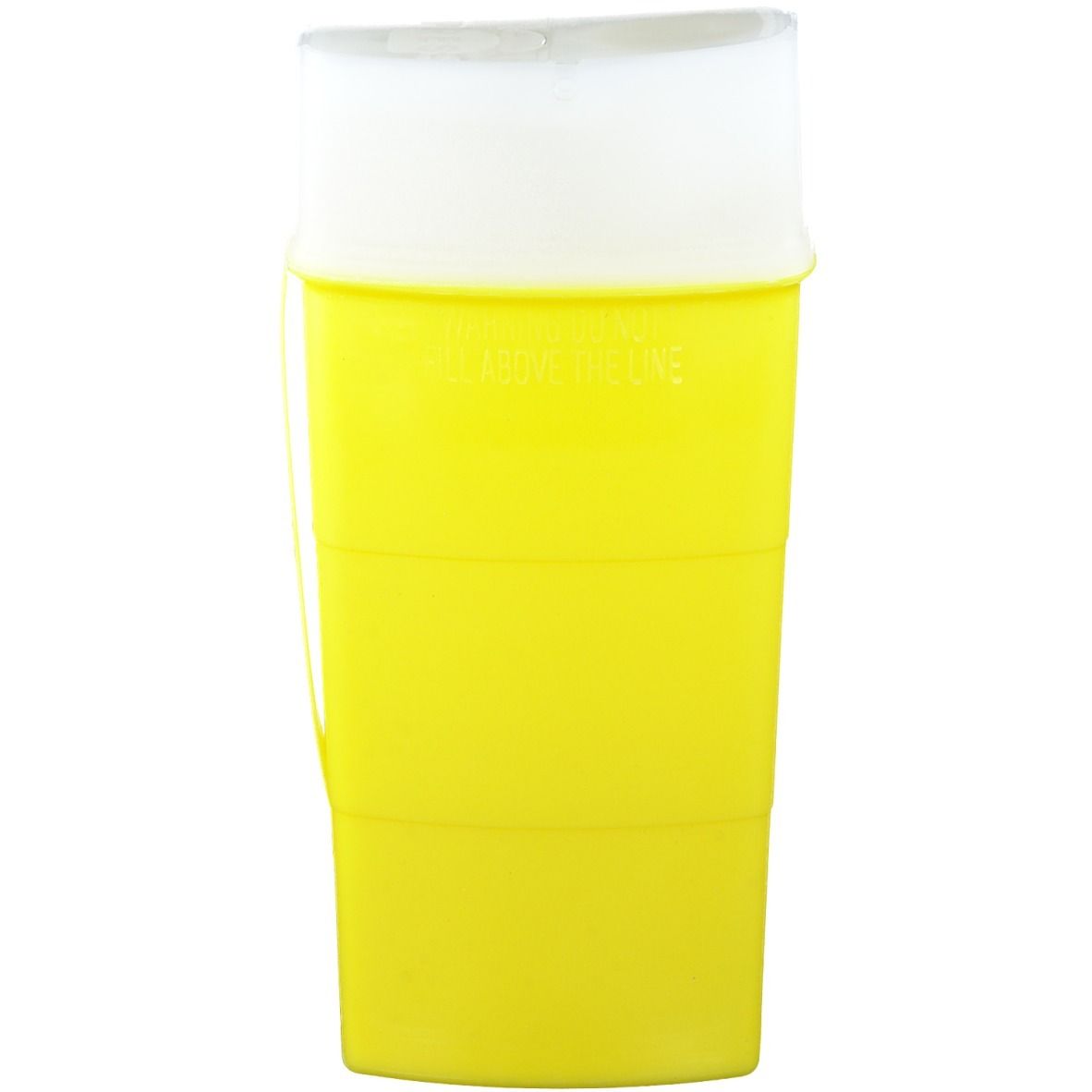 Conteneur jaune avec couvercle blanc. Inscription : ABOVE THE LINE. Forme verticale.