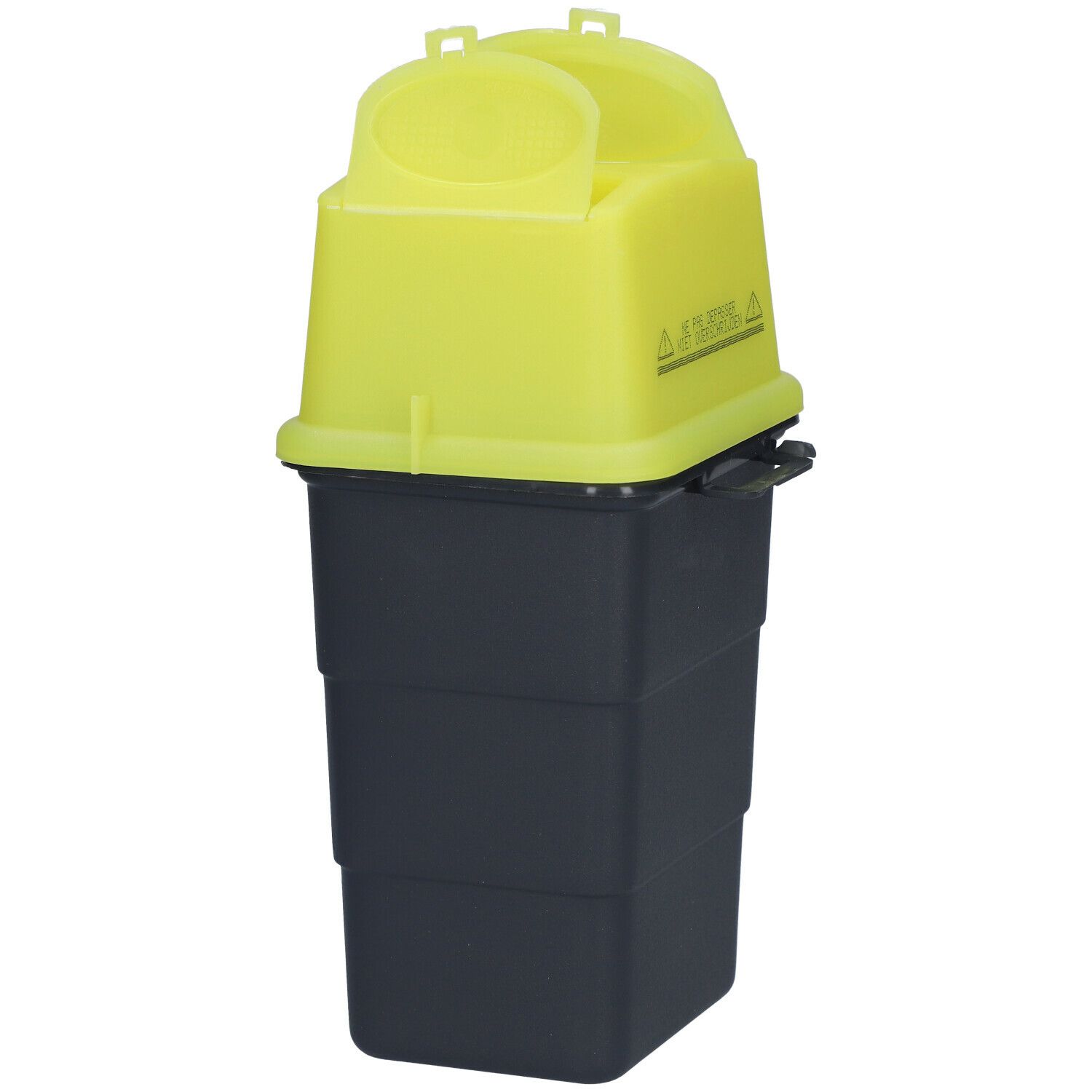 Geel-zwarte container voor scherpe voorwerpen. Deksel met openingen. Gesloten deksel.