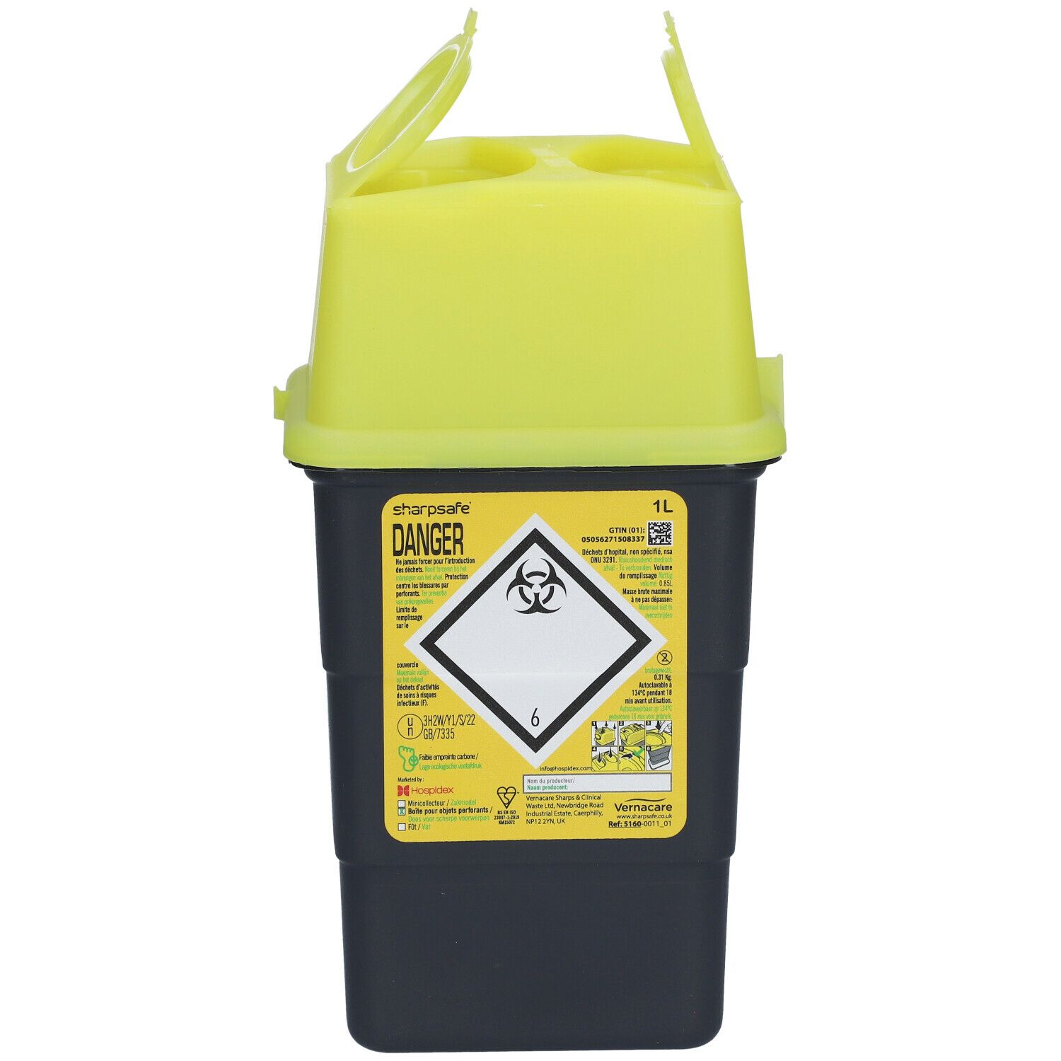 Geel-zwarte container voor scherpe voorwerpen. Opschrift: Danger, 1L, biohazard symbool. Deksel met openingen.