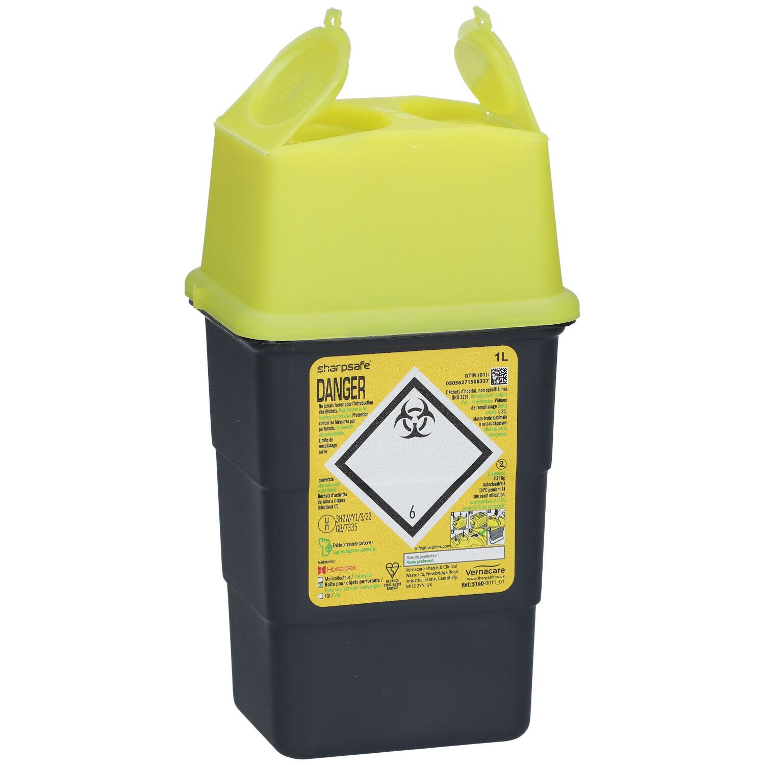 Geel-zwarte container voor scherpe voorwerpen. Opschrift: Danger, 1L, biohazard symbool. Deksel met openingen.