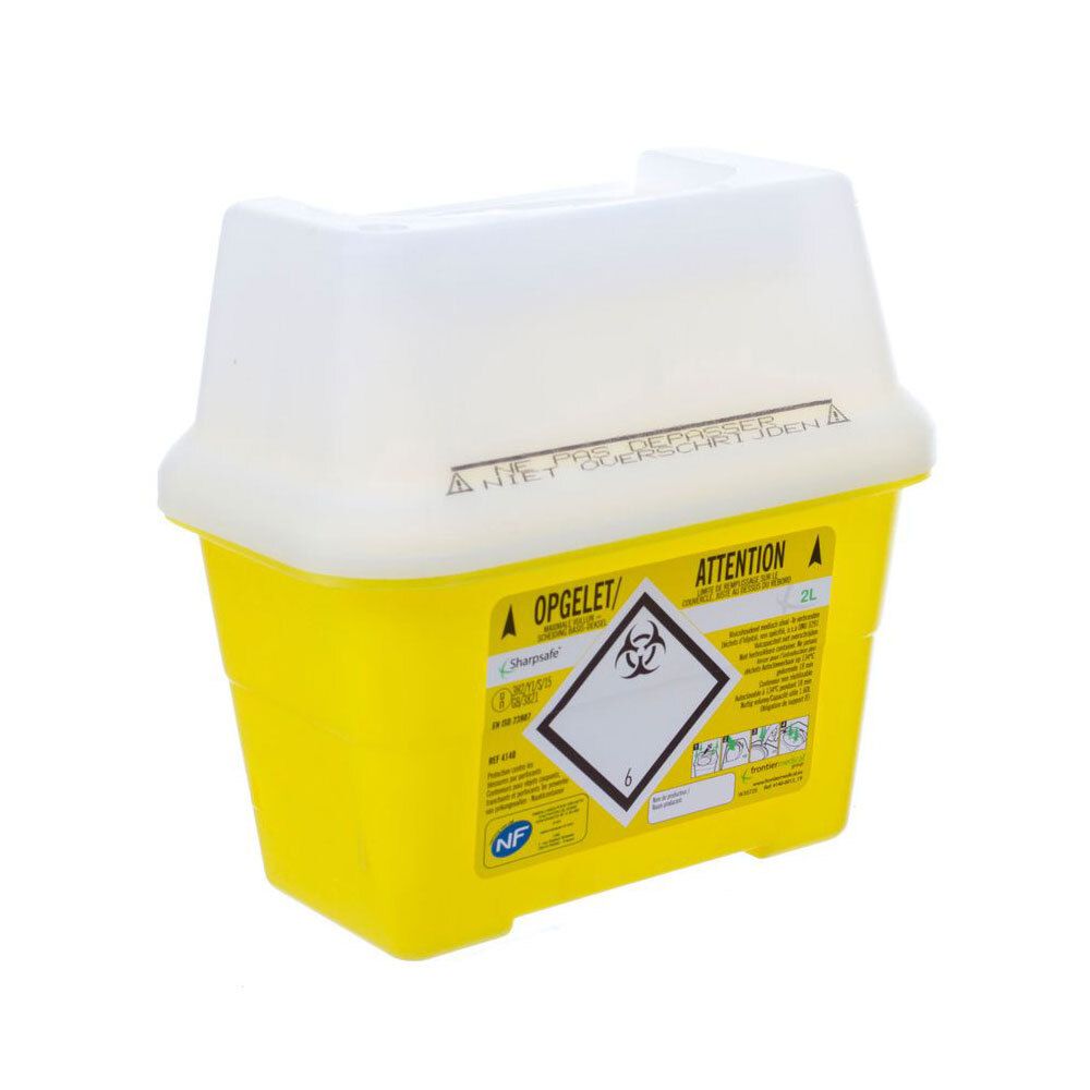 Geel-witte container met deksel. Opschrift 'OPGELET' en biohazard-symbool. Capaciteit: 2L.