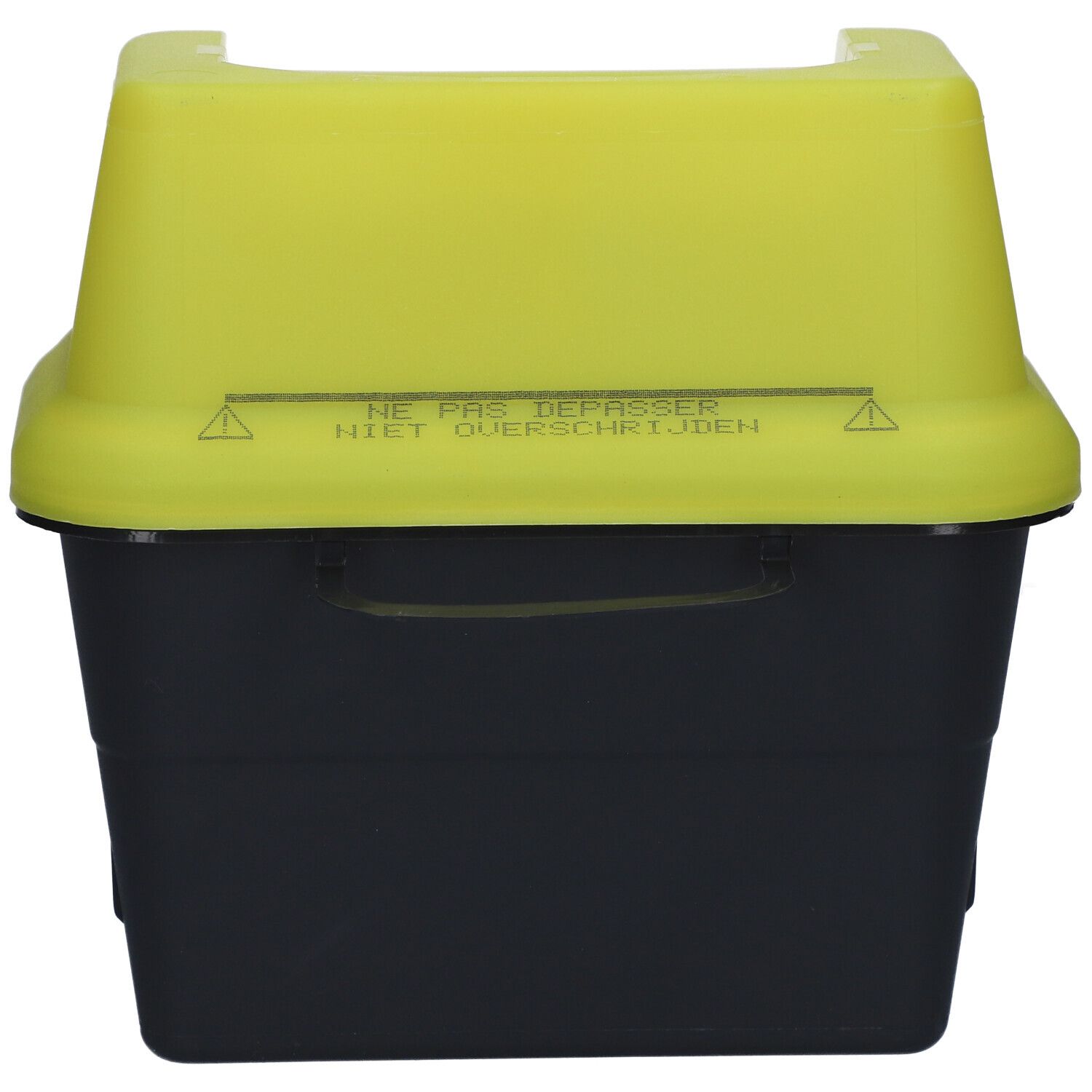 Geel-zwarte container met deksel. Opschrift 'NE PAS DEPASSER'.