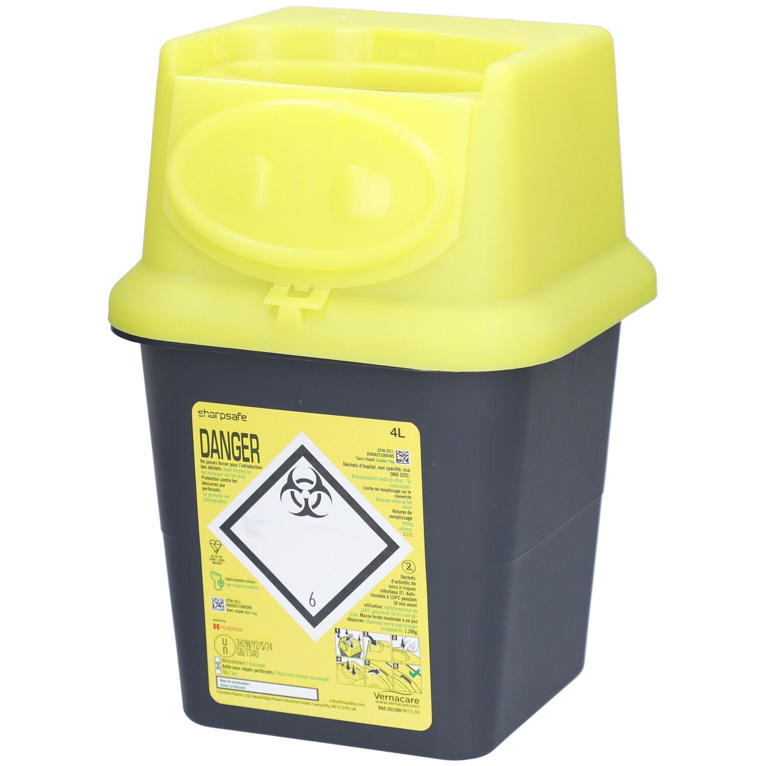 Conteneur pour déchets médicaux, jaune et noir, avec couvercle et avertissements. Capacité : 4L.