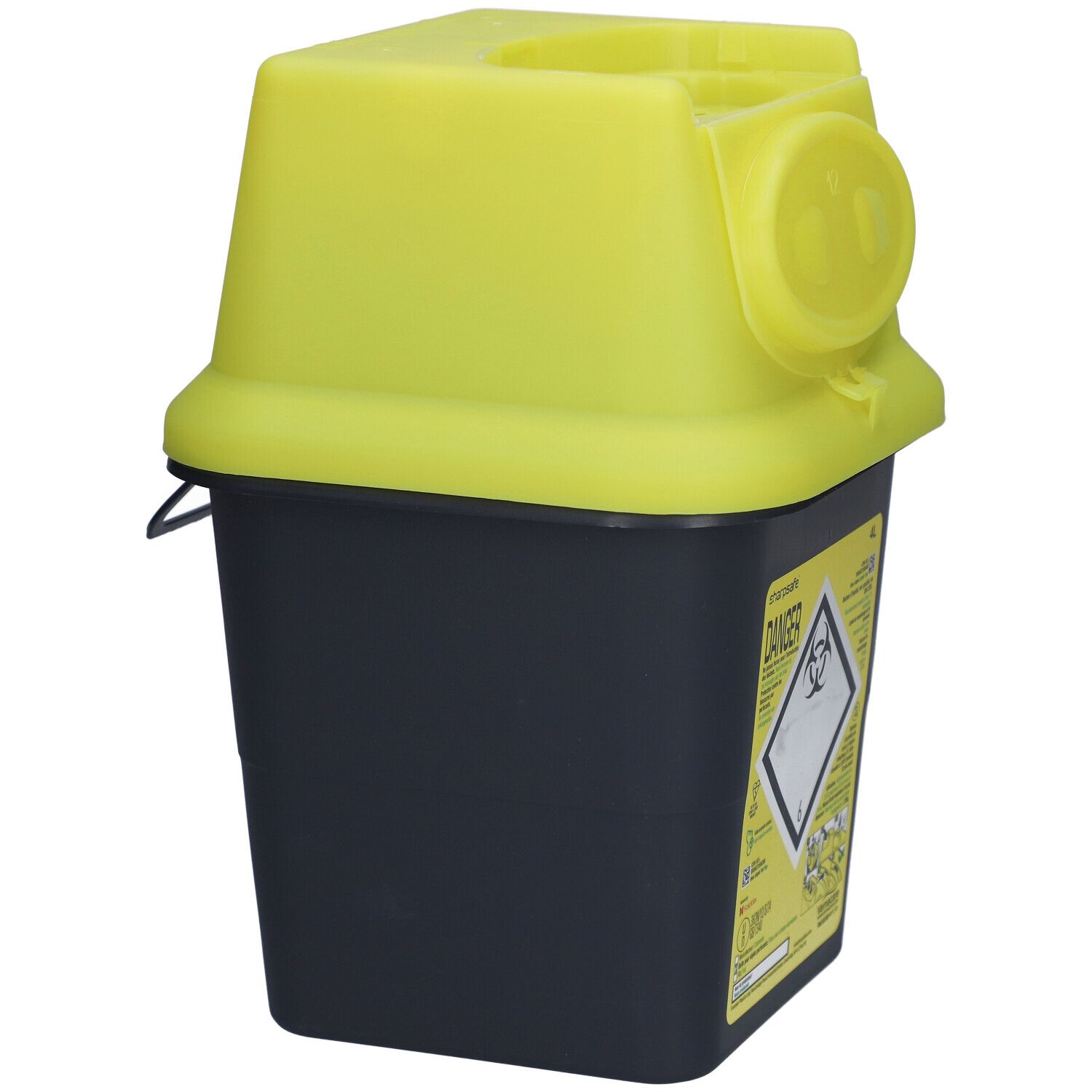 Conteneur jaune et noir pour déchets médicaux avec couvercle. Ouverture latérale pour aiguilles. Avertissement.