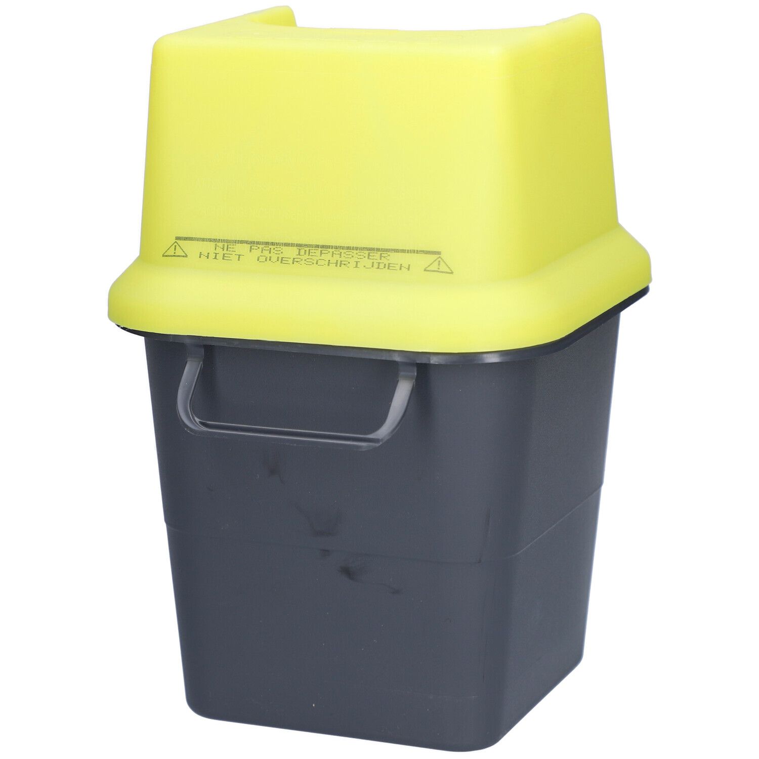 Conteneur jaune et noir pour déchets médicaux avec couvercle et poignée. Avertissement sur le couvercle.