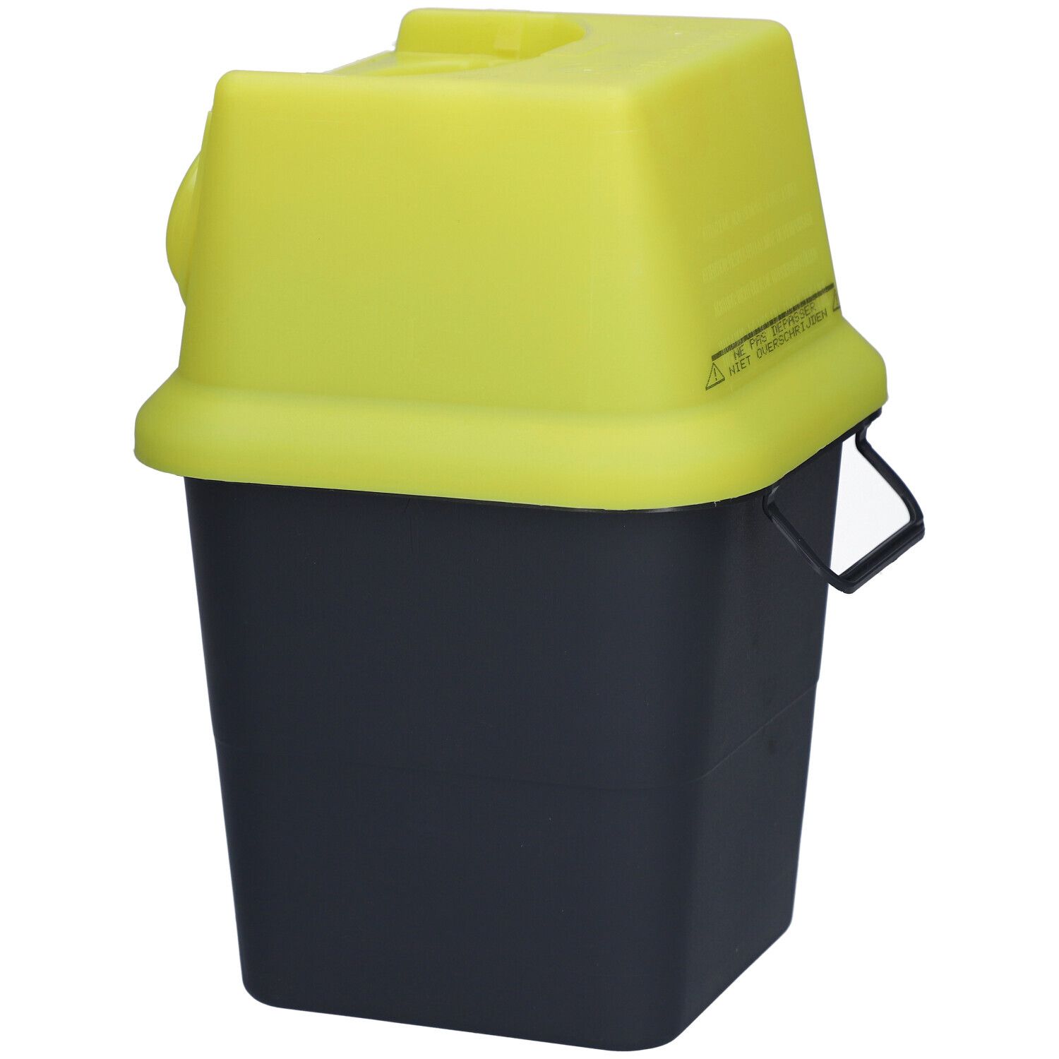 Conteneur jaune et noir pour déchets médicaux avec couvercle et poignée. Avertissement sur le couvercle.