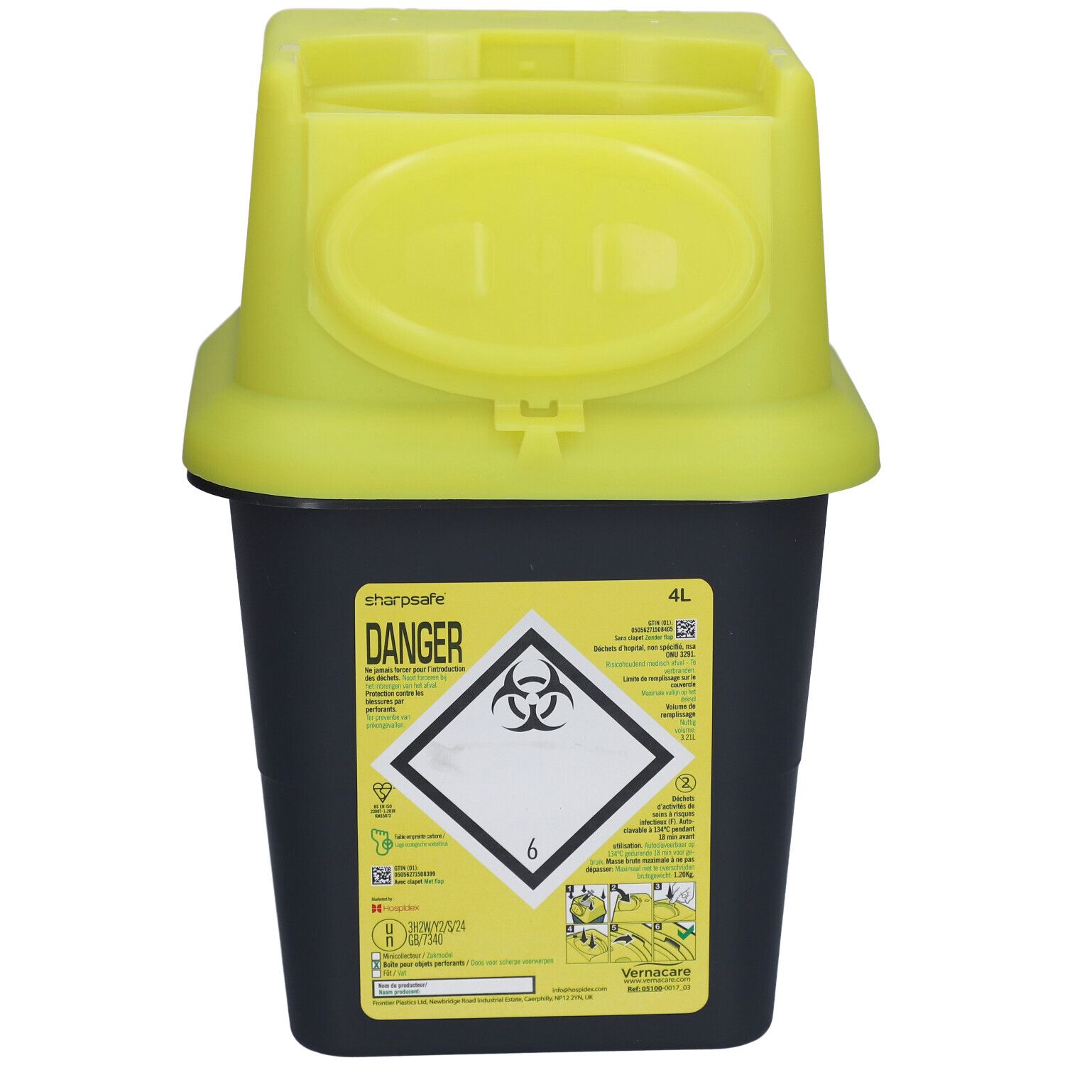 Conteneur jaune et noir pour déchets médicaux avec couvercle et avertissements. Capacité : 4L.