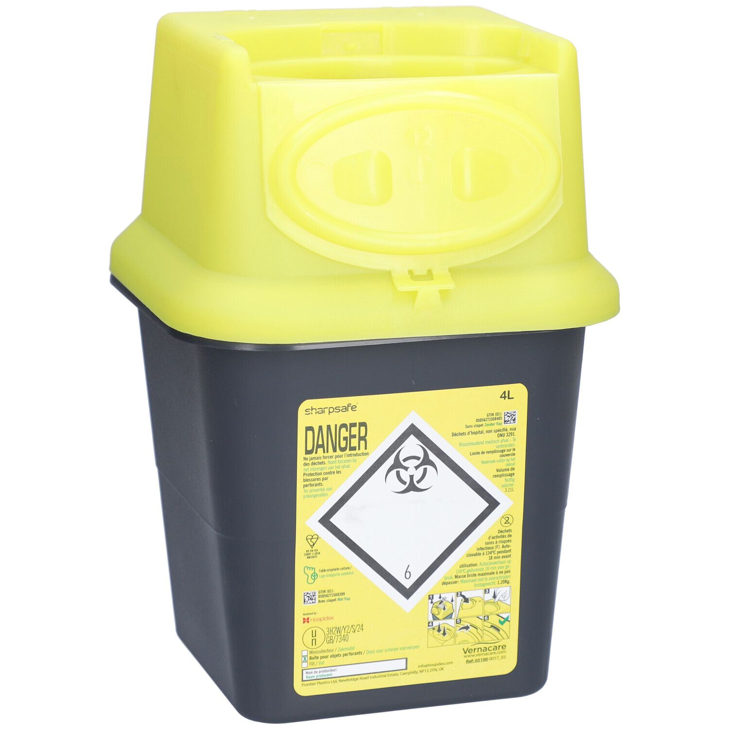 Conteneur jaune et noir pour déchets médicaux avec couvercle et avertissements. Capacité : 4L.