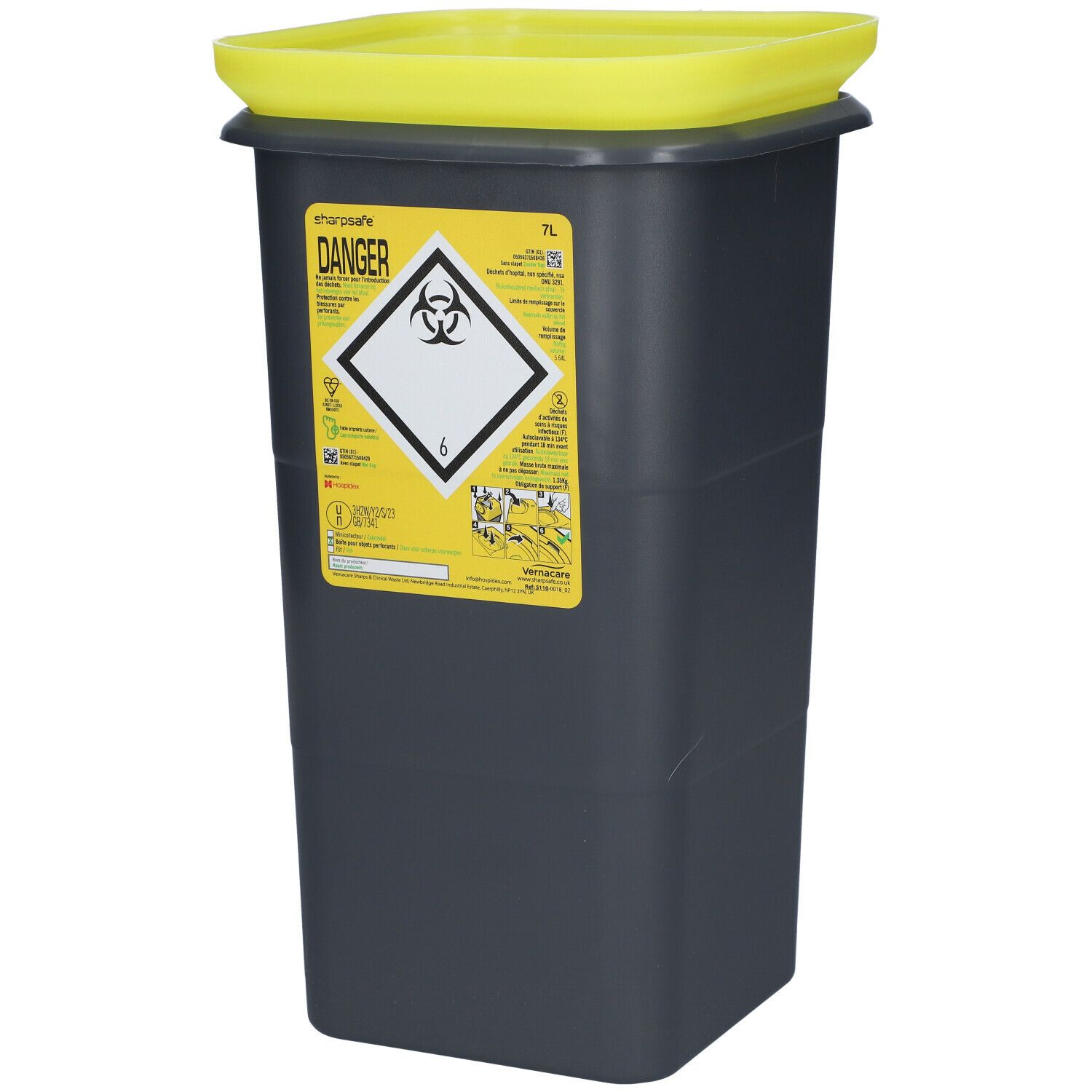 Grijze container met gele deksel. Etiket met biohazard-symbool en waarschuwingen.