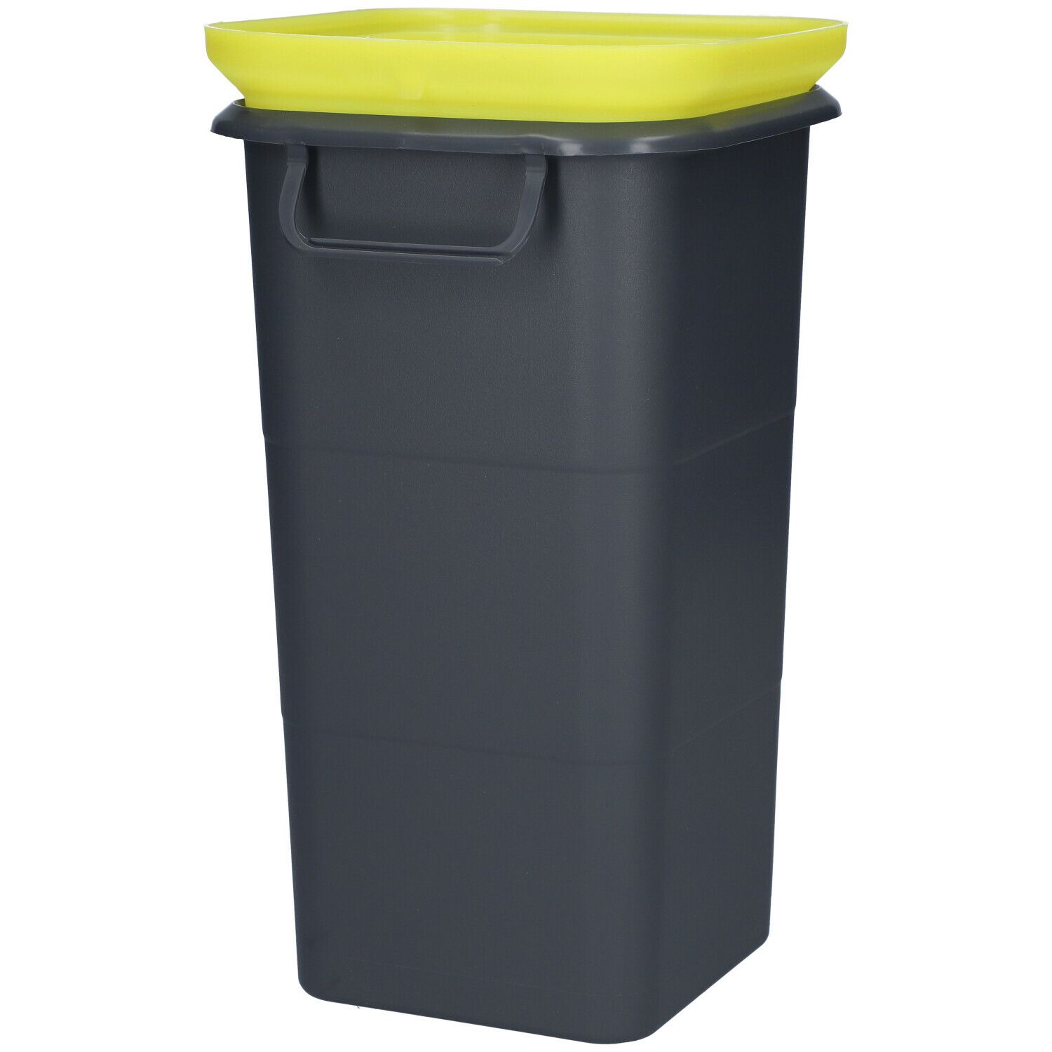 Grijze container met gele deksel en handvat. Rechthoekige vorm.