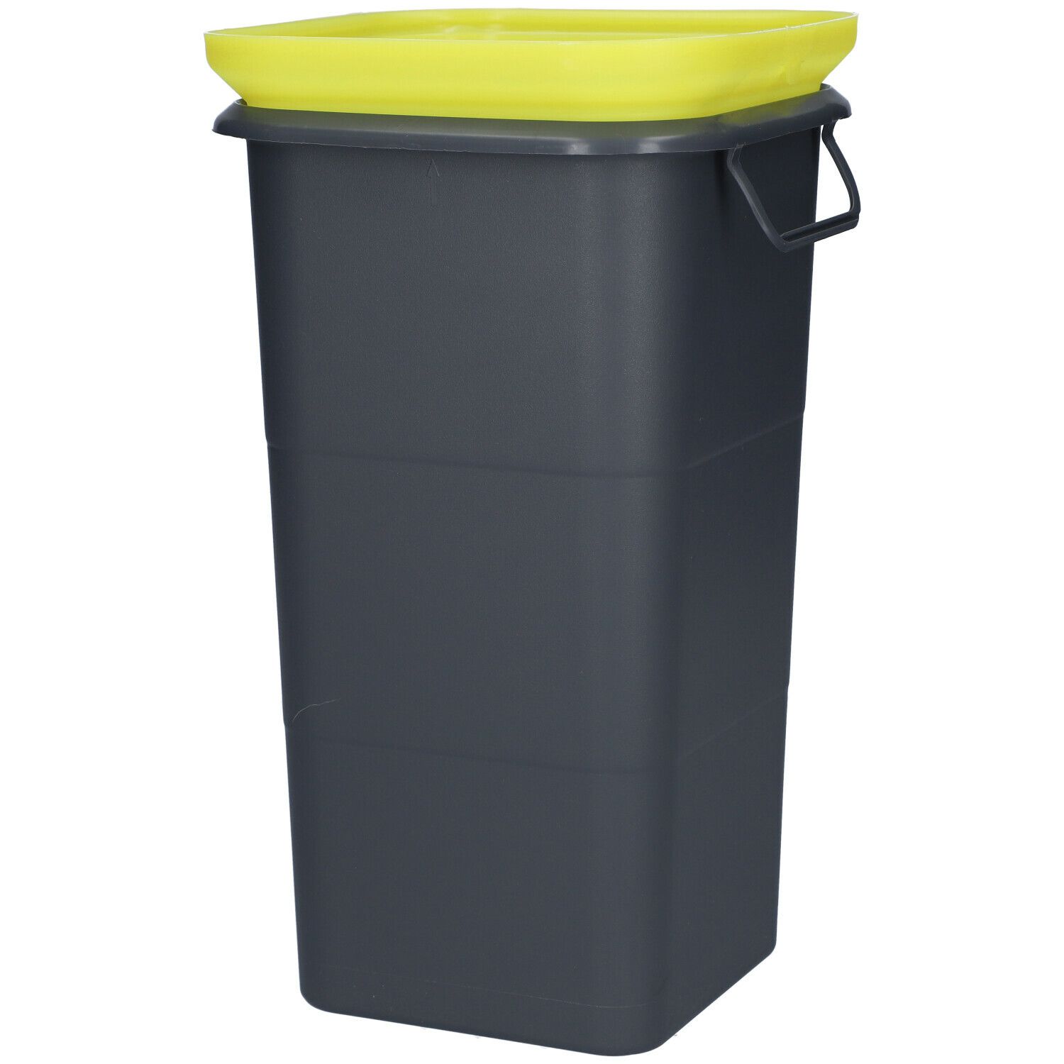 Grijze container met gele deksel en handvat. Rechthoekige vorm.