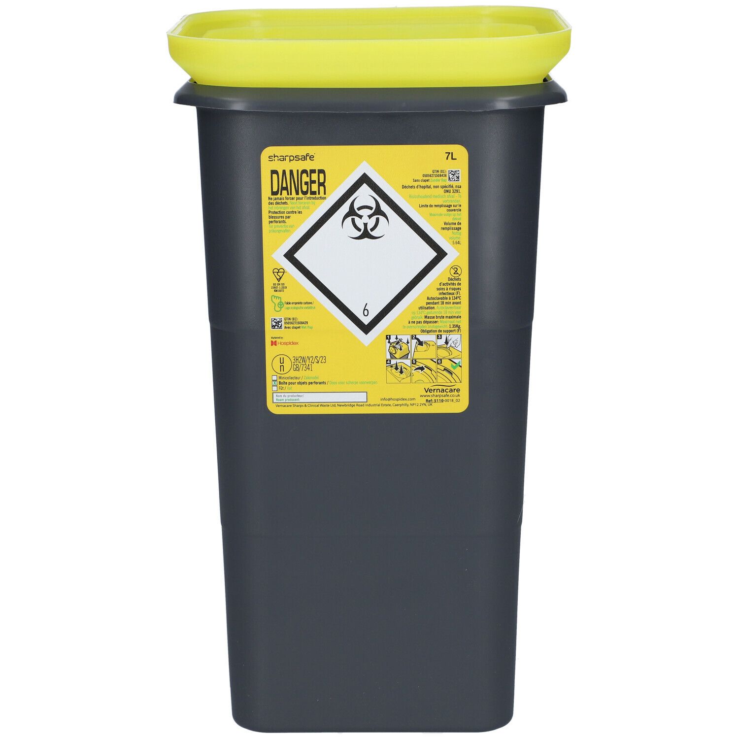 Grijze container met gele deksel. Etiket met biohazard-symbool en waarschuwingen.