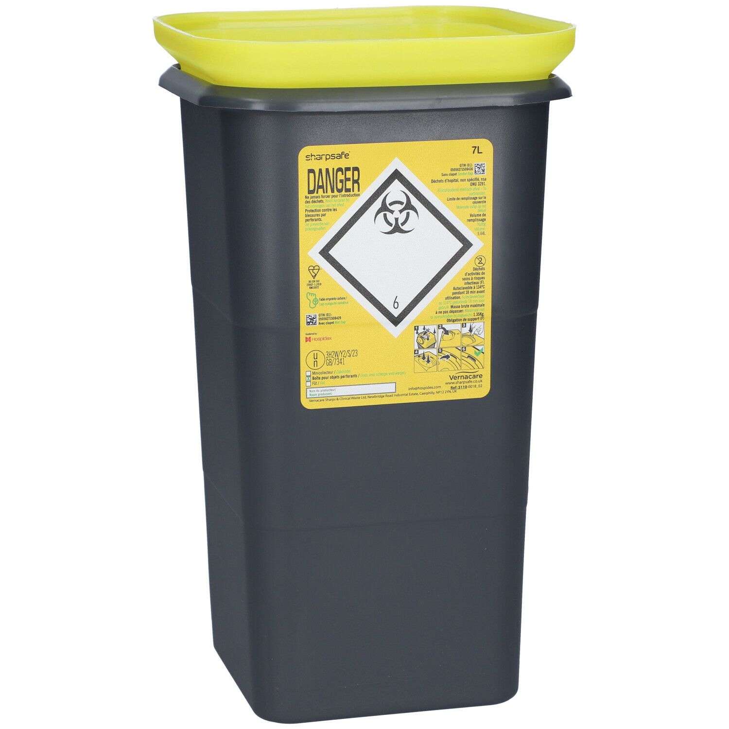 Grijze container met gele deksel. Etiket met biohazard-symbool en waarschuwingen.