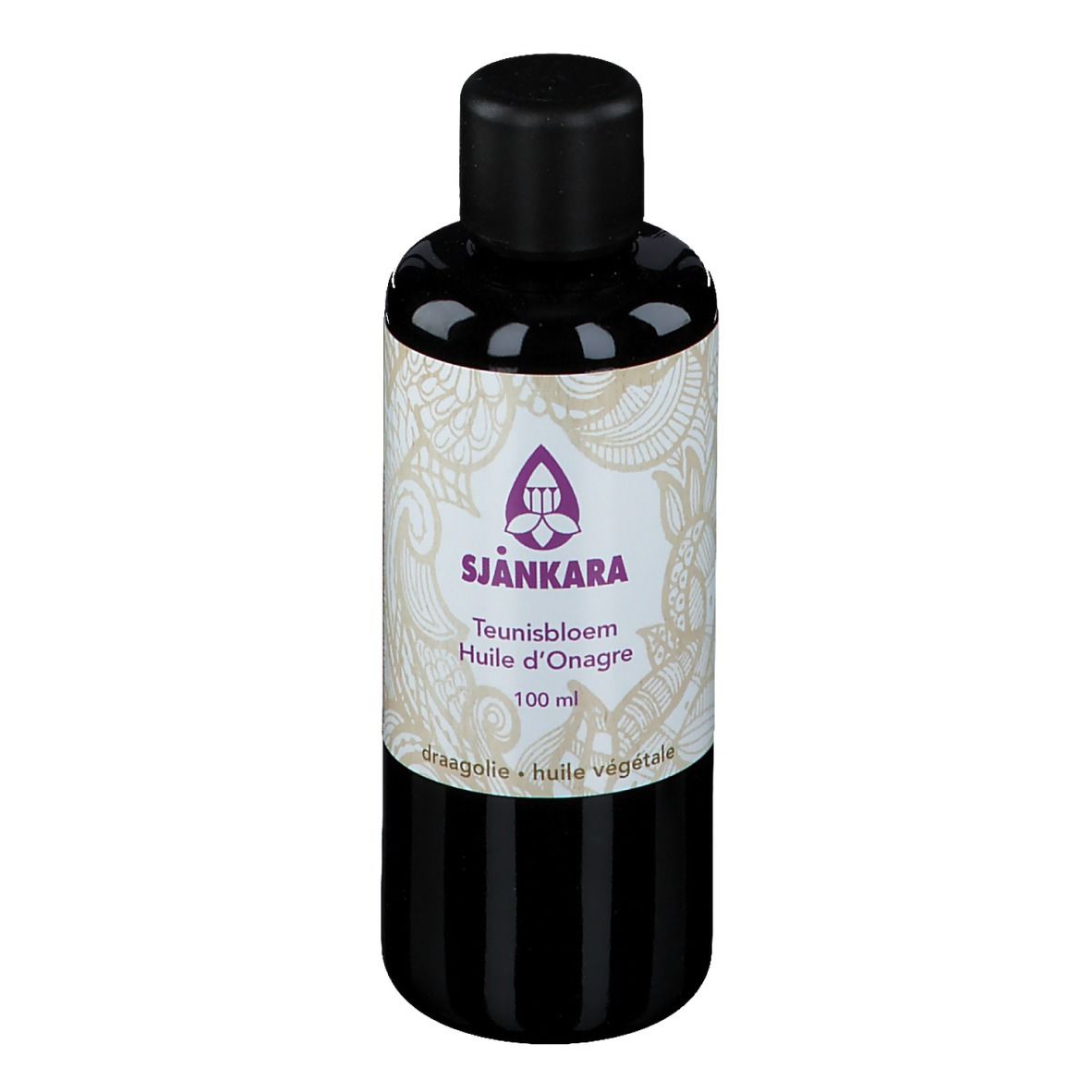 Flacon foncé avec bouchon noir. Étiquette avec nom du produit, logo et texte. 100 ml.