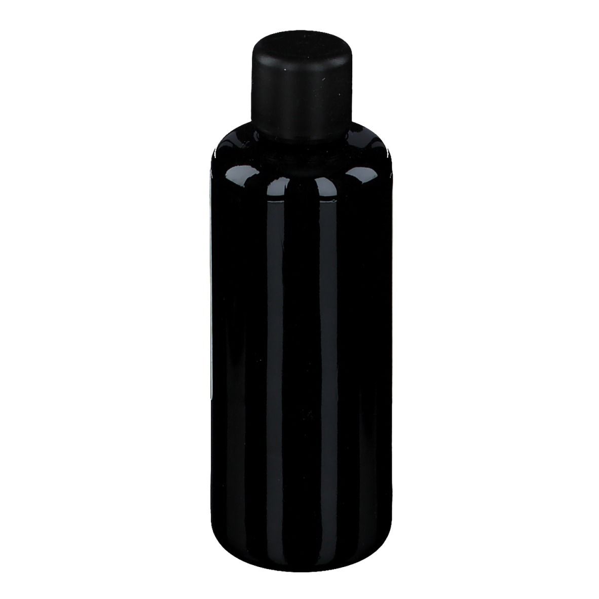 Flacon cylindrique foncé avec bouchon noir. Surface brillante.