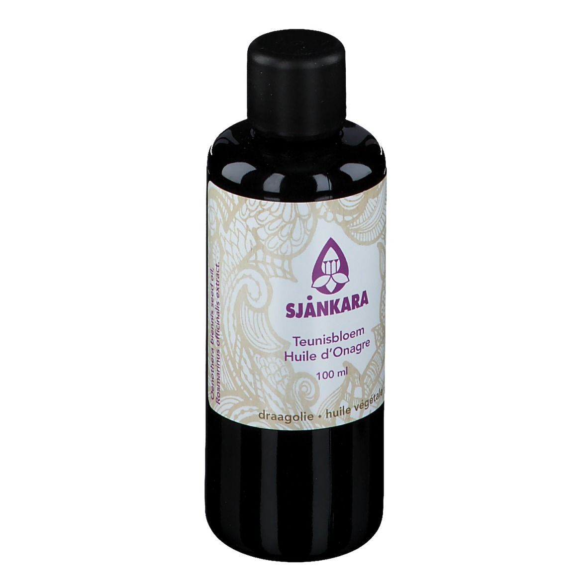 Flacon foncé avec bouchon noir. Étiquette avec nom du produit, logo et texte. 100 ml.