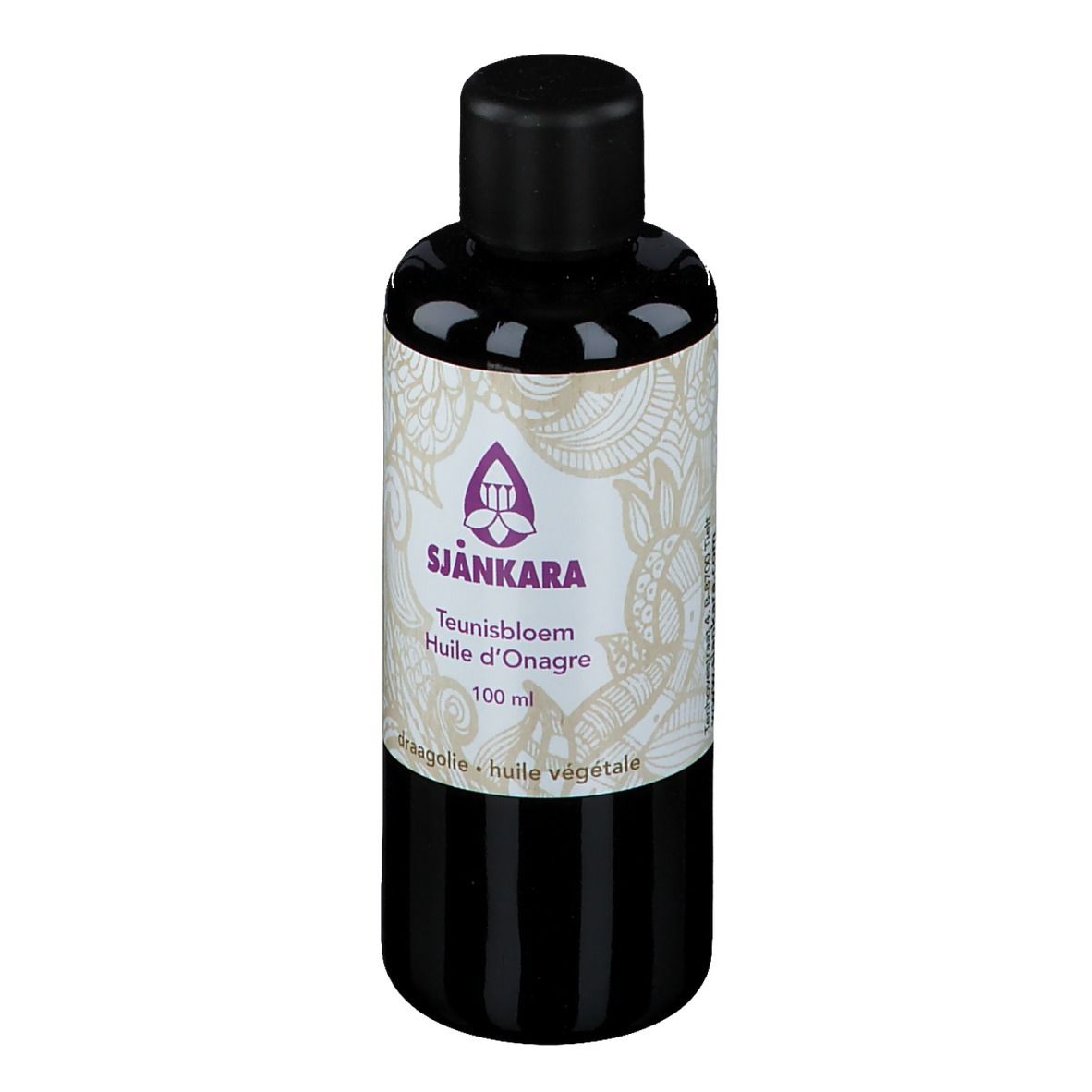Flacon foncé avec bouchon noir. Étiquette avec nom du produit, logo et texte. 100 ml.
