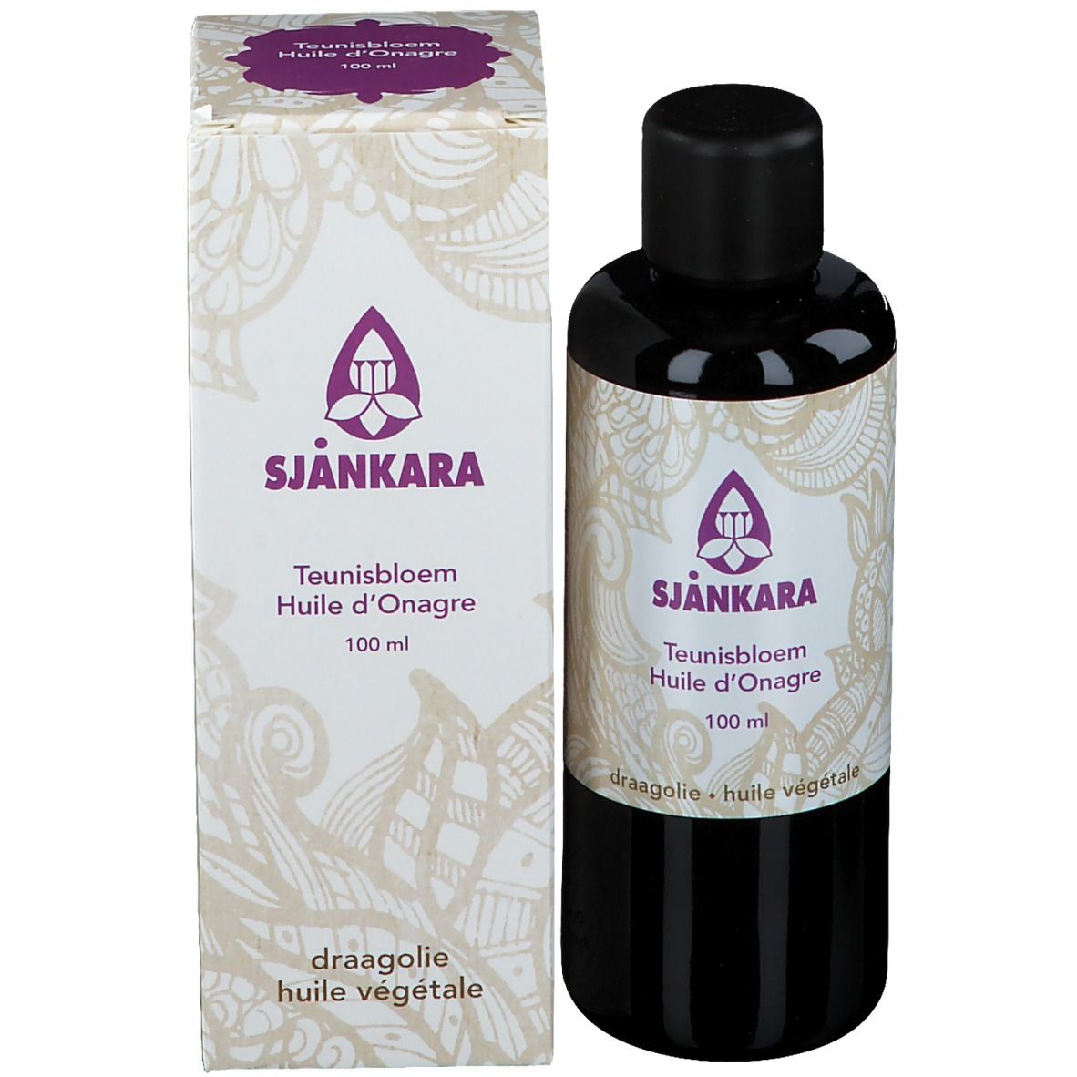 Flacon et emballage du produit. Flacon avec bouchon noir, étiquette. Emballage avec logo et texte. 100 ml.