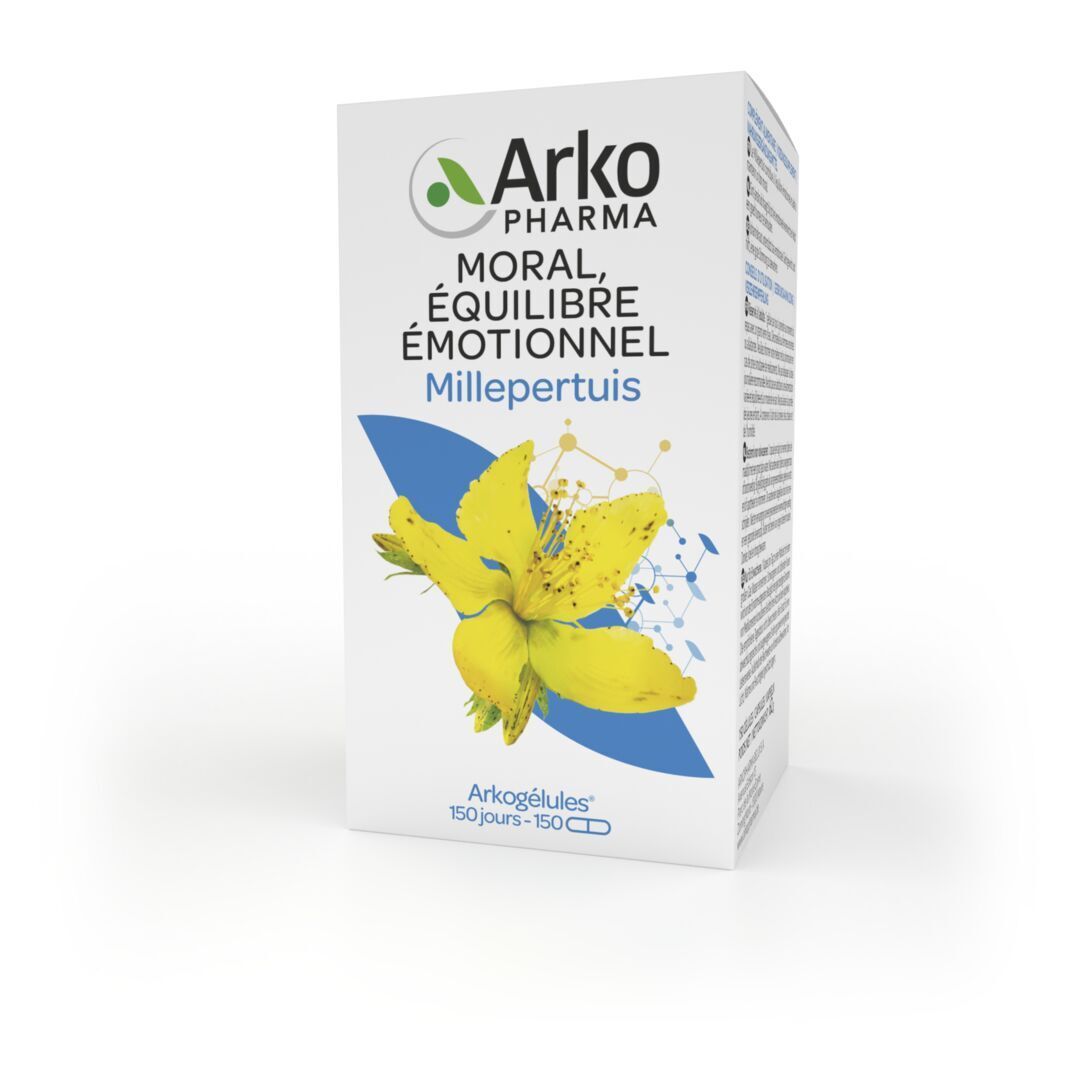 Emballage blanc avec fleur jaune. Texte : Arkopharma, Arkogélules, Millepertuis, 150 jours.