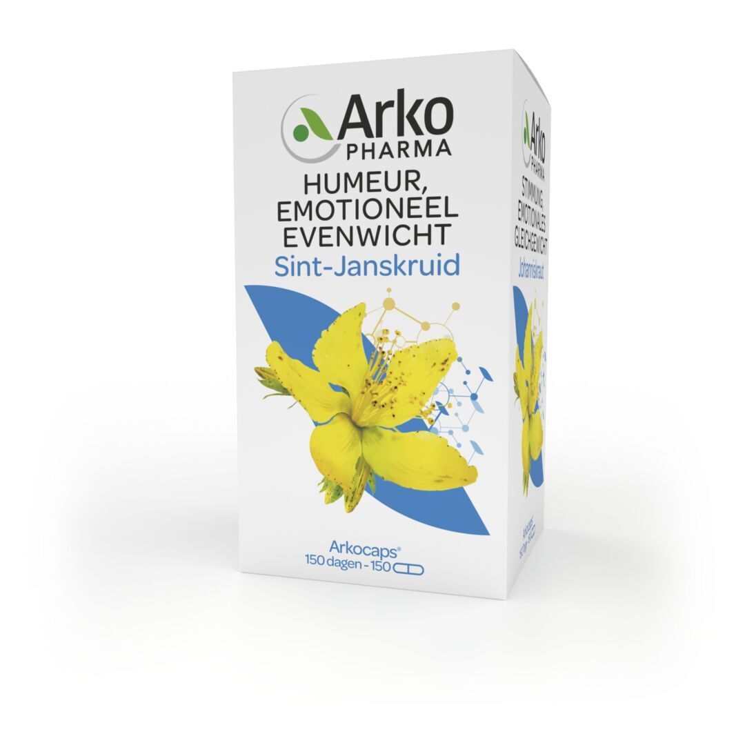 Witte verpakking met gele bloem. Tekst: Arkopharma, Humour, Emotioneel evenwicht, Sint-Janskruid, 150 dagen.