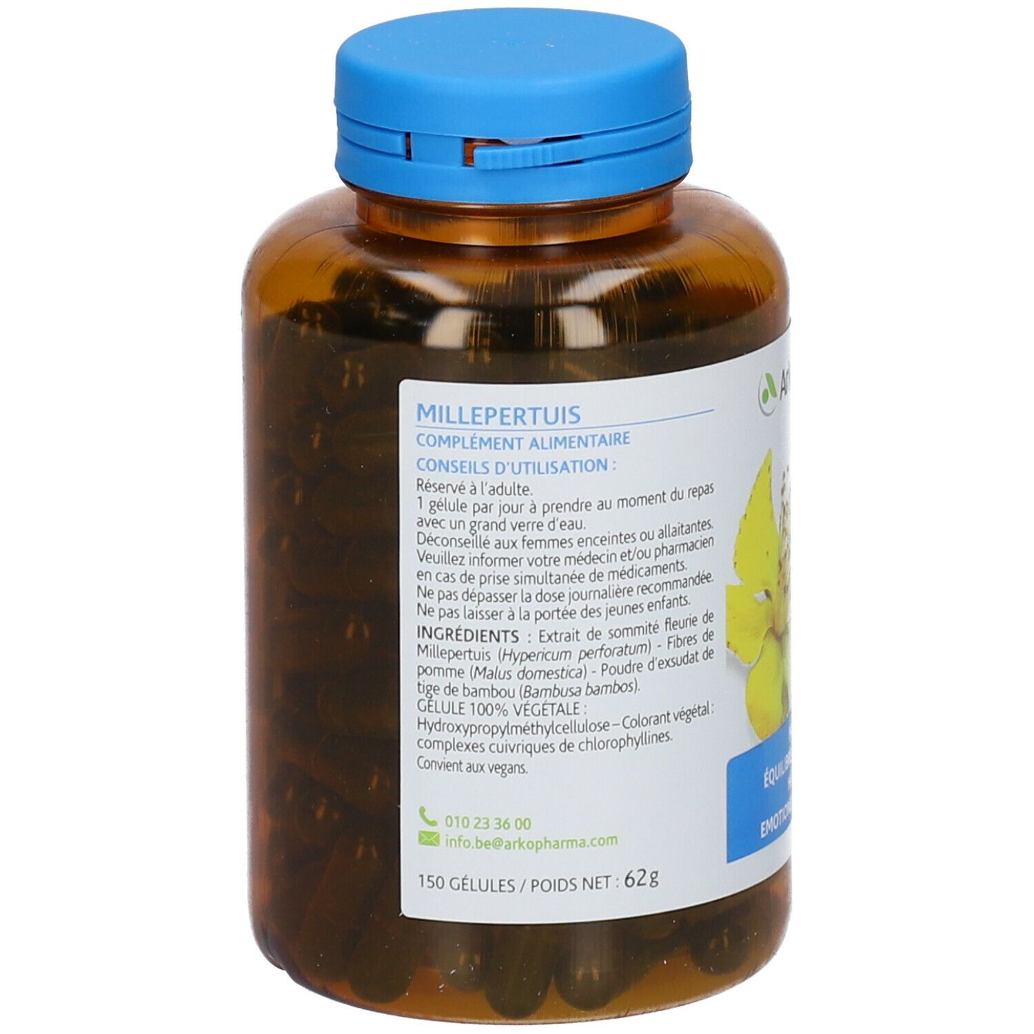Dos d'un flacon brun à bouchon bleu. Étiquette avec informations produit et fleur jaune. Texte : Millepertuis, Complément alimentaire, Conseils d'utilisation.