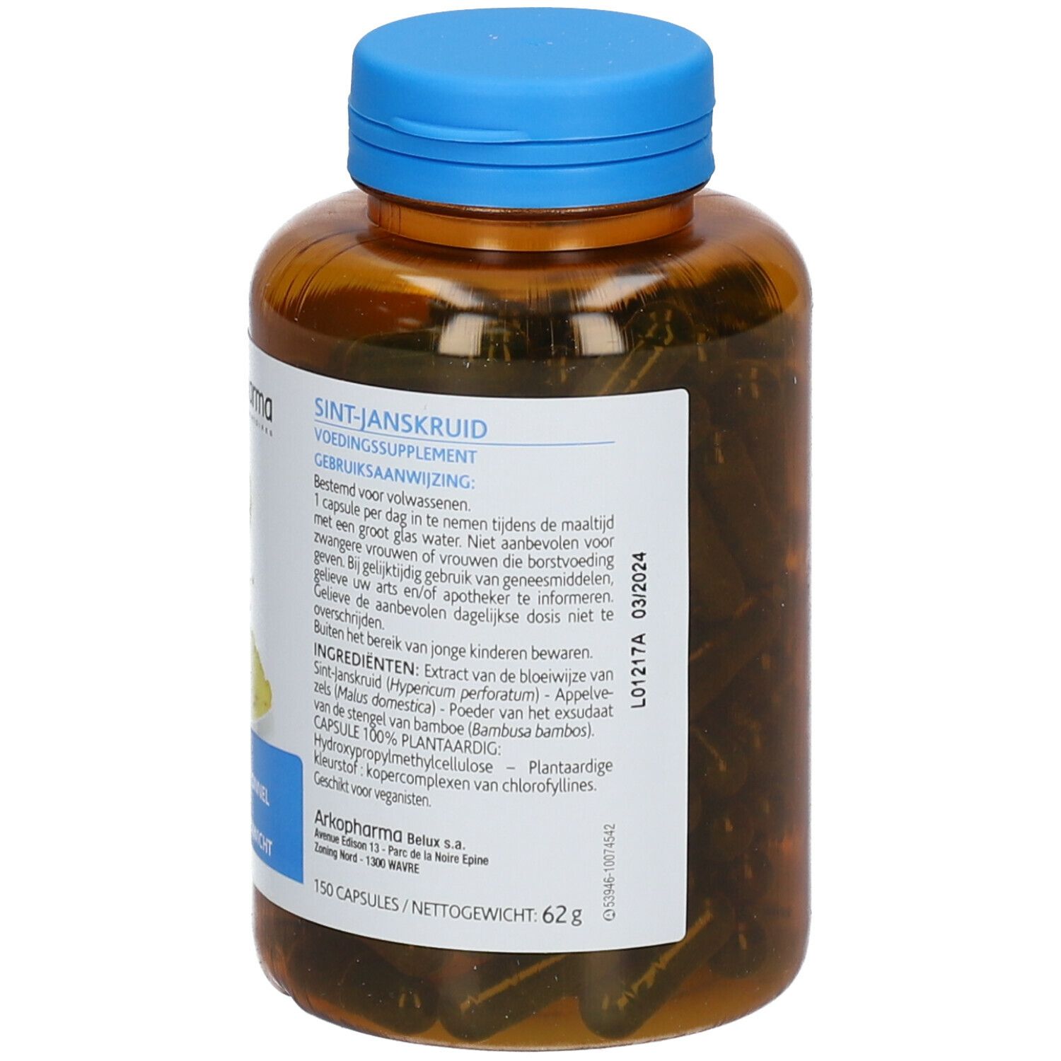 Dos d'un flacon brun à bouchon bleu. Étiquette avec informations produit. Texte : Sint-Janskruid, Voedingssupplement, Gebruiksaanwijzing.
