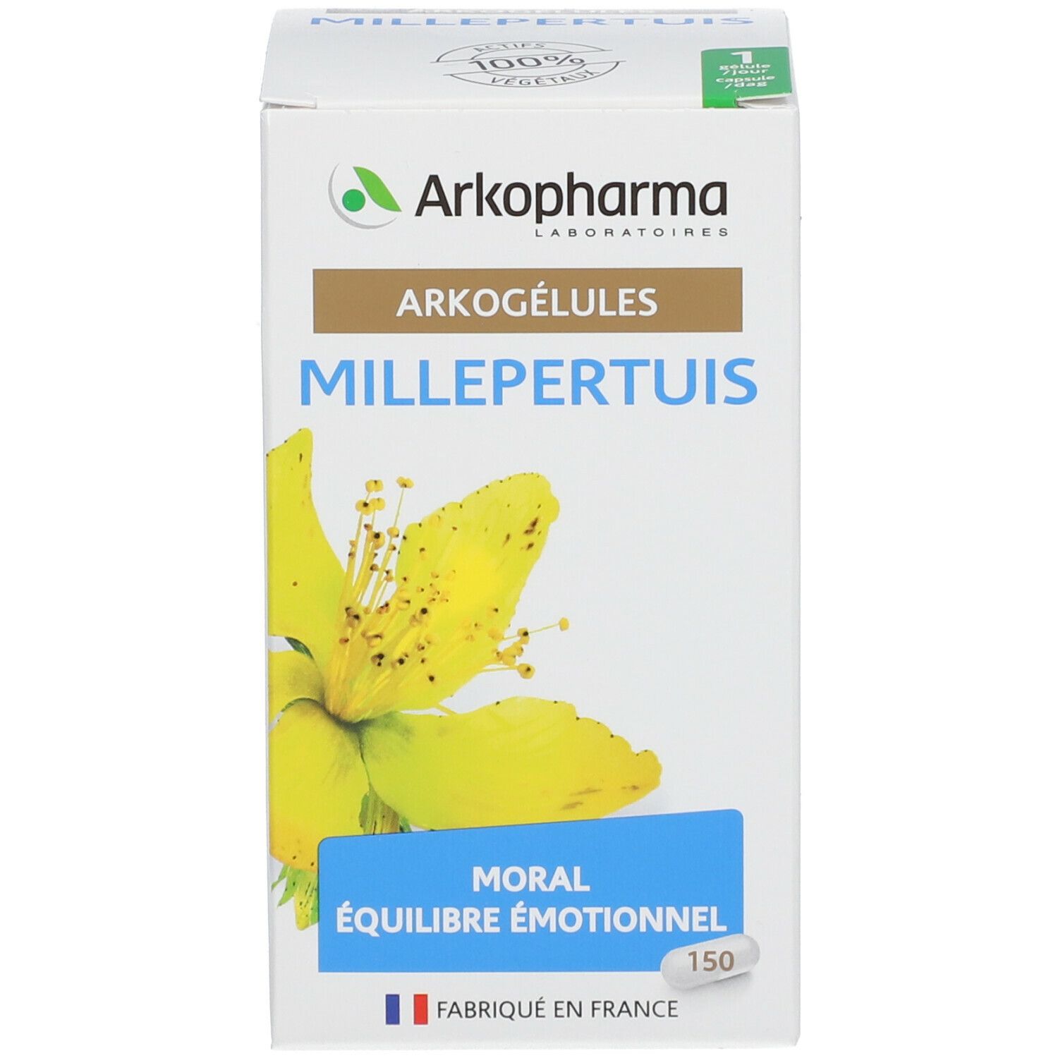 Emballage blanc avec fleur jaune. Texte : Arkogélules, Millepertuis, 150, 100% végétal, Fabriqué en France.