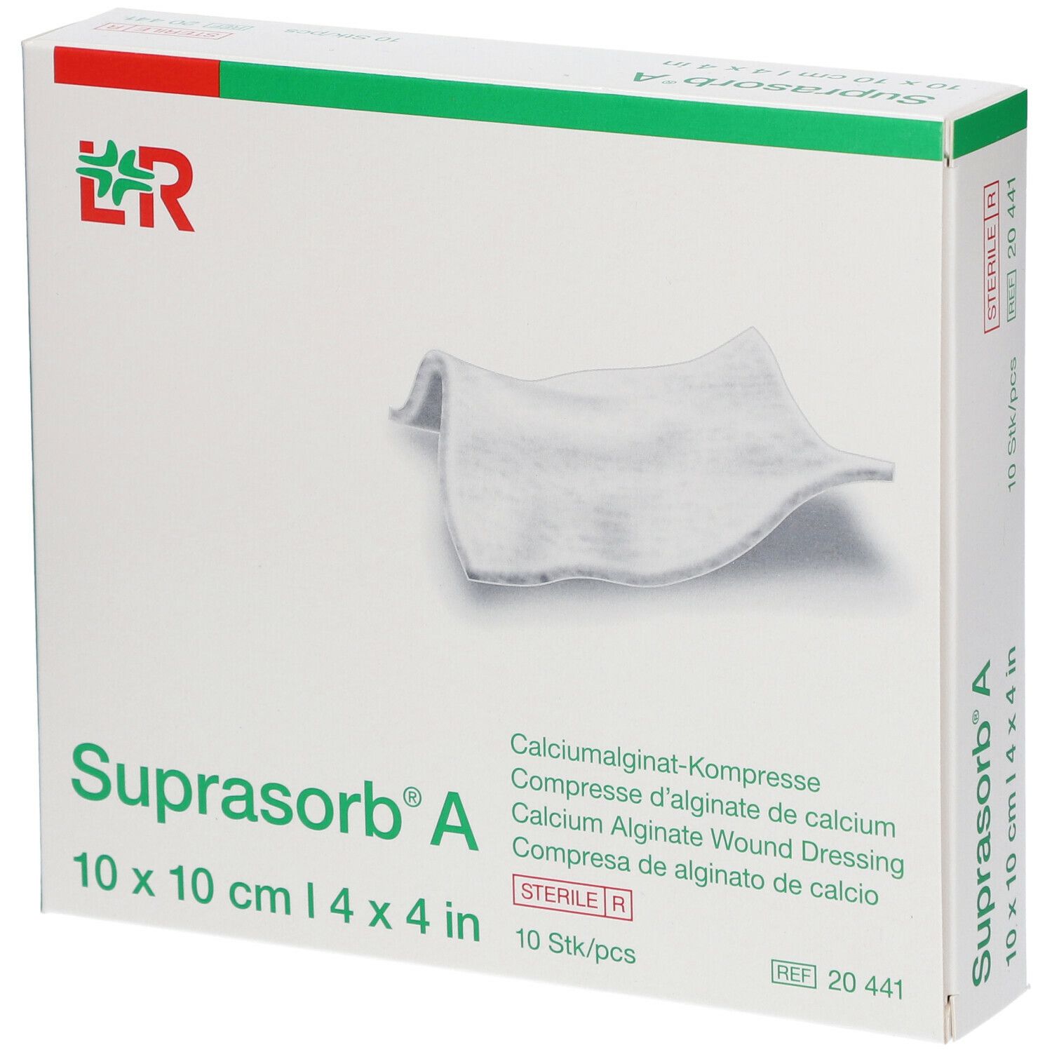 Boîte de Suprasorb® A, 10 x 10 cm. Contient 10 pièces. Pansement stérile en alginate de calcium.