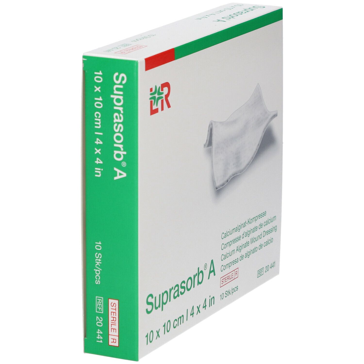 Boîte de Suprasorb® A, 10 x 10 cm. Contient 10 pièces. Pansement stérile en alginate de calcium.