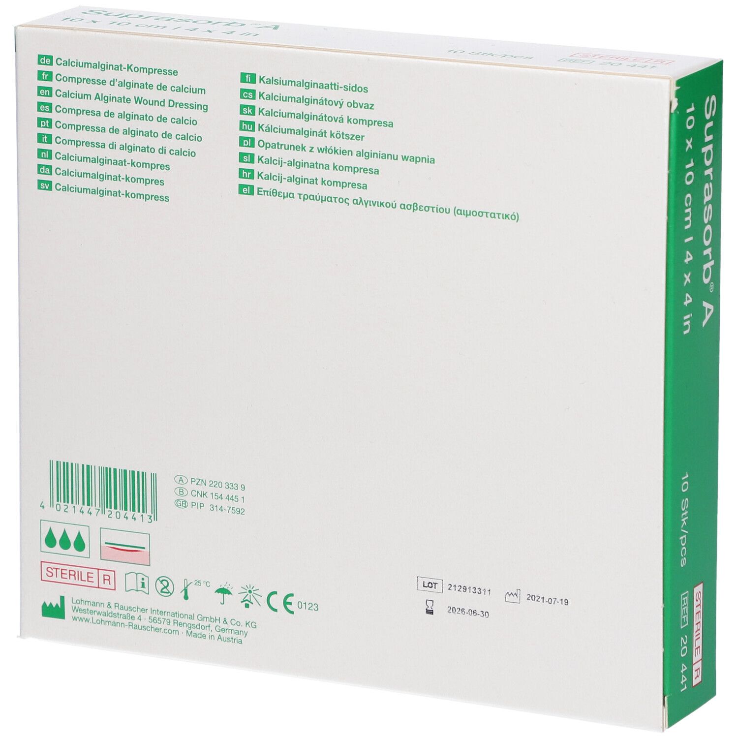 Dos de la boîte de Suprasorb® A. Contient des informations sur les ingrédients et le fabricant.