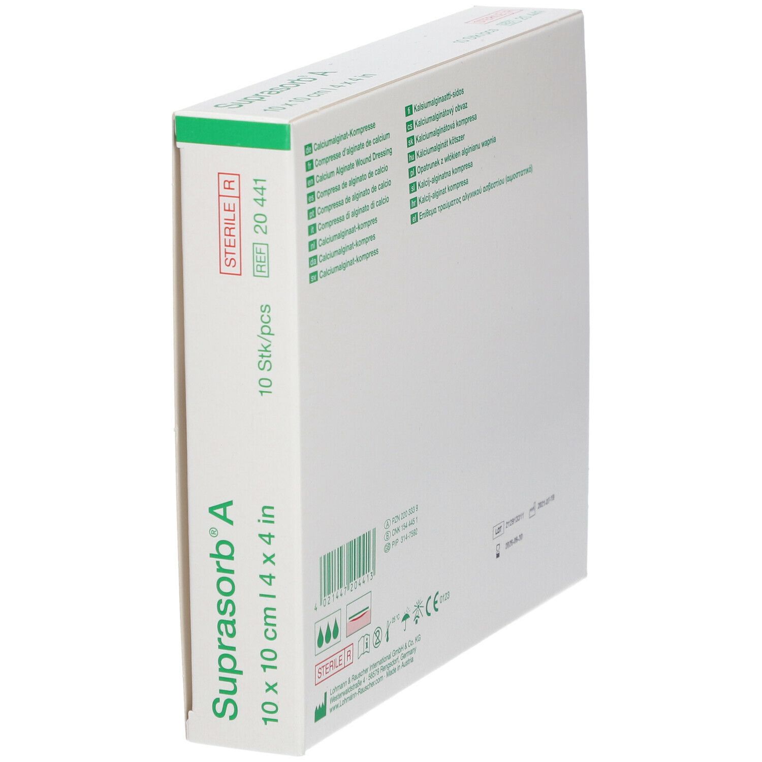 Boîte de Suprasorb® A, 10 x 10 cm. Contient 10 pièces. Pansement stérile en alginate de calcium.
