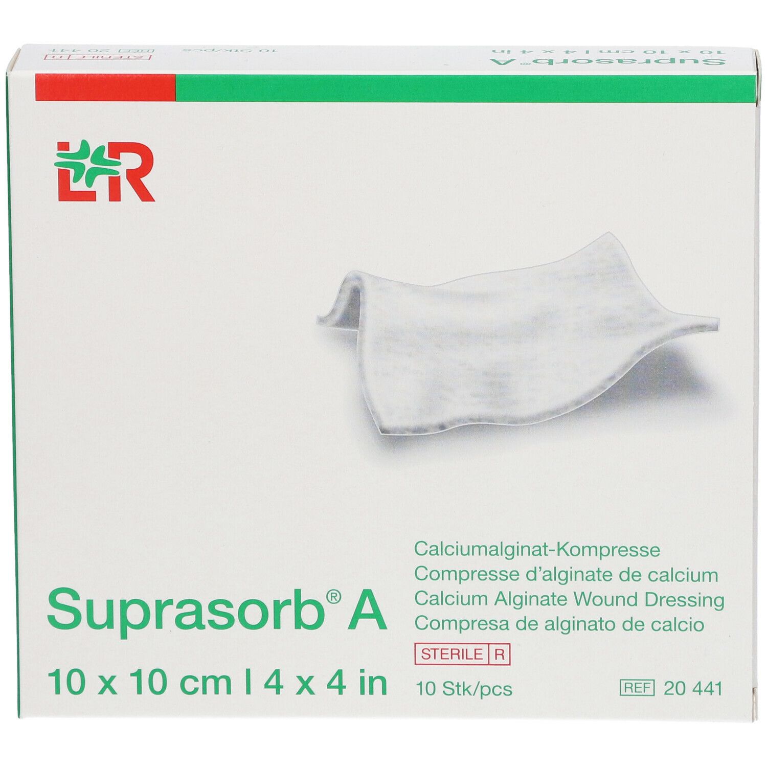 Boîte de Suprasorb® A, 10 x 10 cm. Contient 10 pièces. Pansement stérile en alginate de calcium.