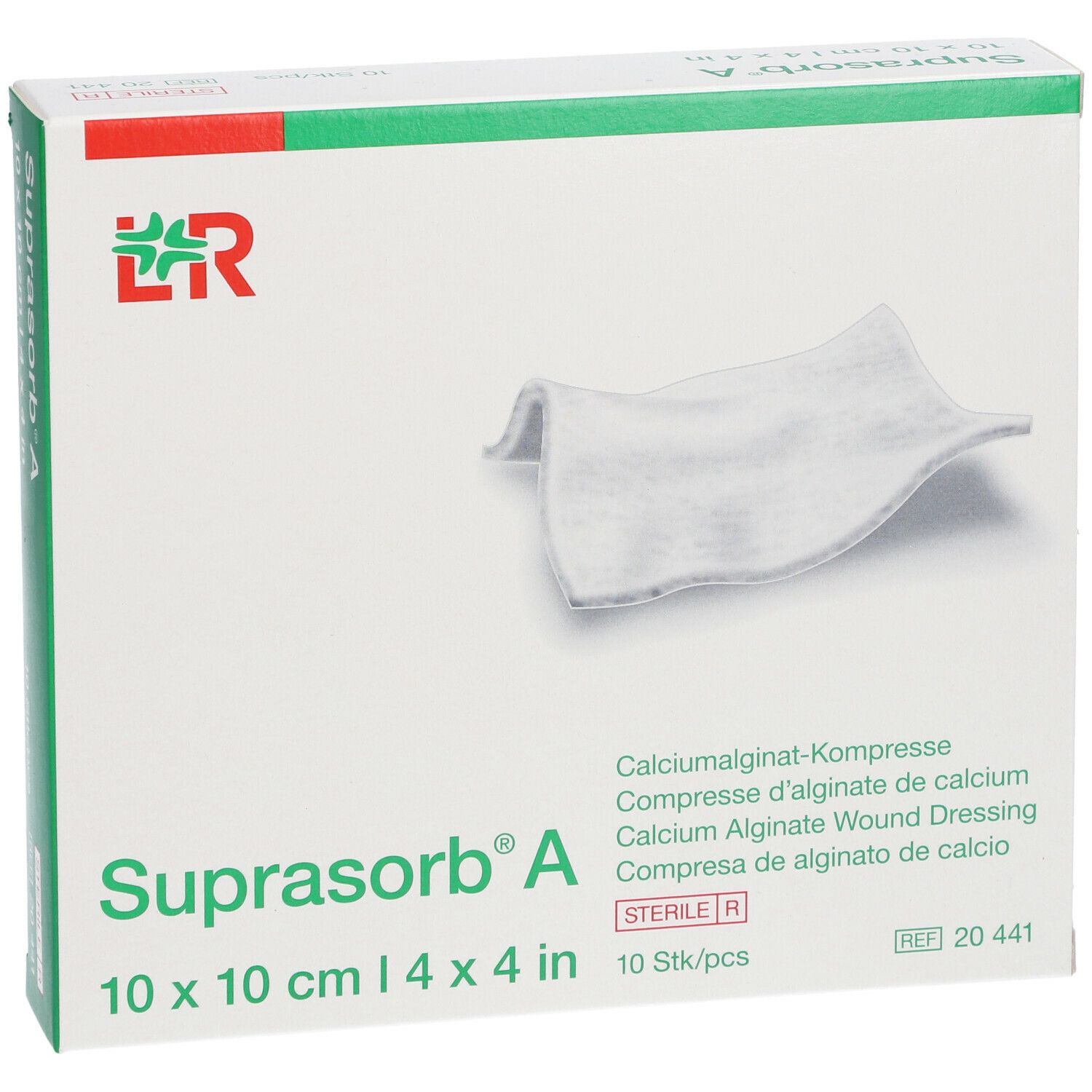Boîte de Suprasorb® A, 10 x 10 cm. Contient 10 pièces. Pansement stérile en alginate de calcium.