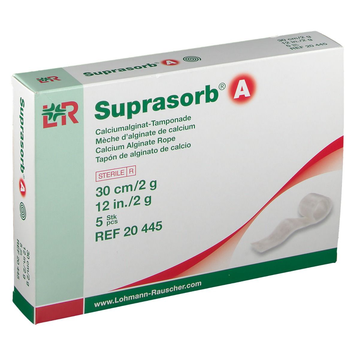 Verpakking van Suprasorb® A Tamponade. Bevat 5 stuks, 30 cm/2 g. Steriele medische zorg.