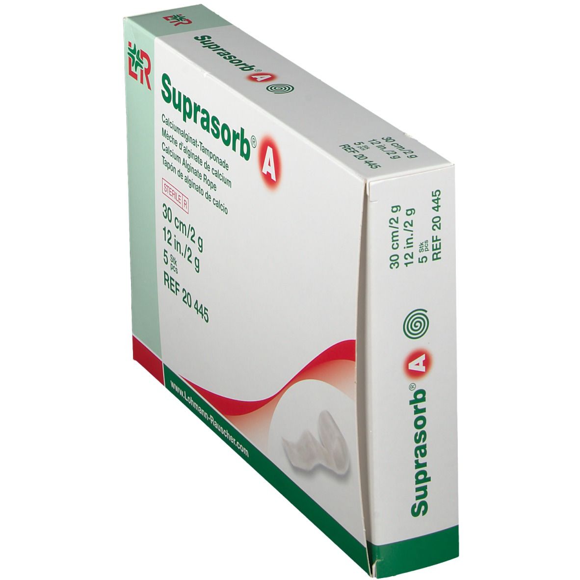 Schuine weergave van de Suprasorb® A Tamponade verpakking. Bevat 5 stuks, 30 cm/2 g. Steriele medische zorg.