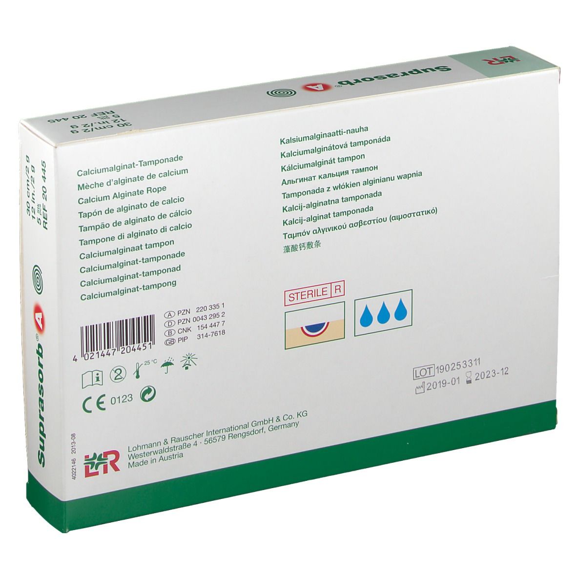 Achterkant van de Suprasorb® A Tamponade verpakking. Bevat informatie en certificeringen.