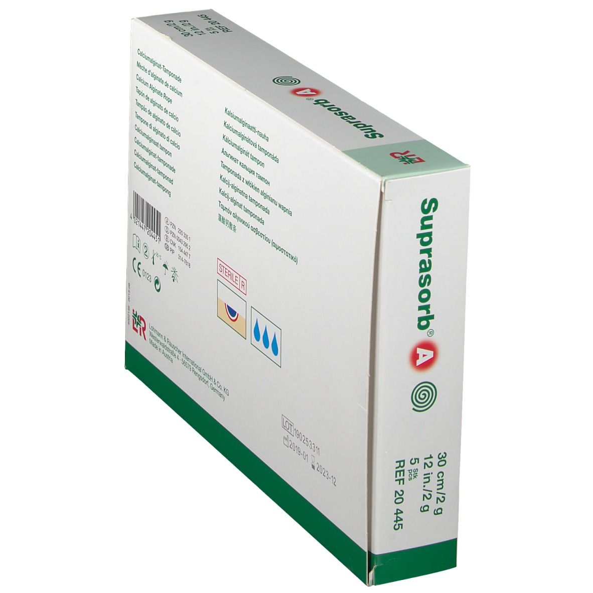 Schuine weergave van de achterkant van de Suprasorb® A Tamponade verpakking. Informatie en certificeringen.