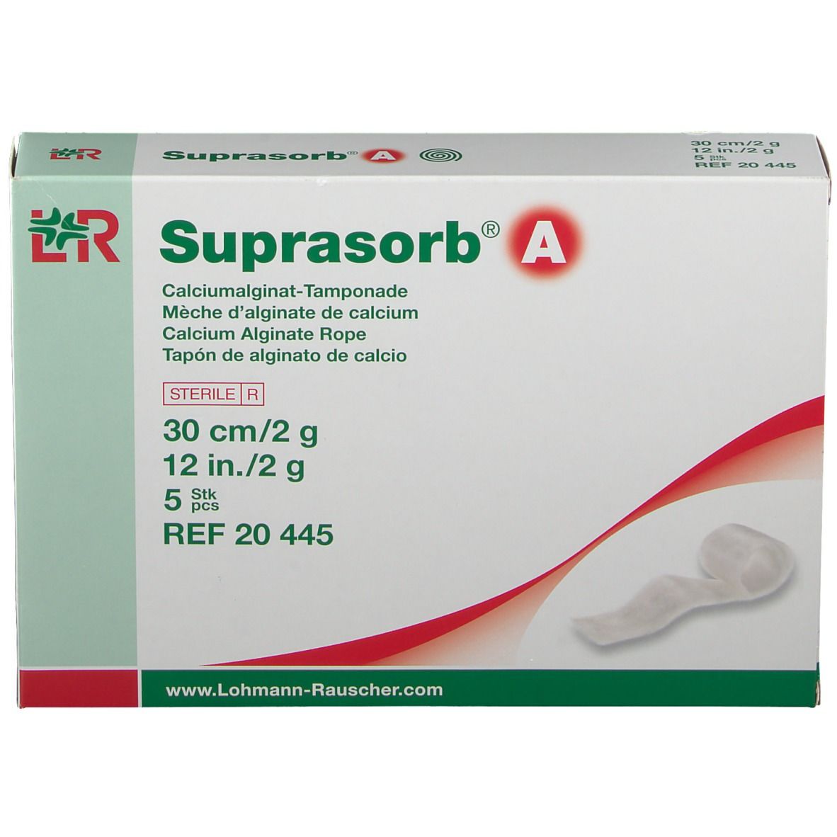 Verpakking van Suprasorb® A Tamponade. Bevat 5 stuks, 30 cm/2 g. Steriele medische zorg.