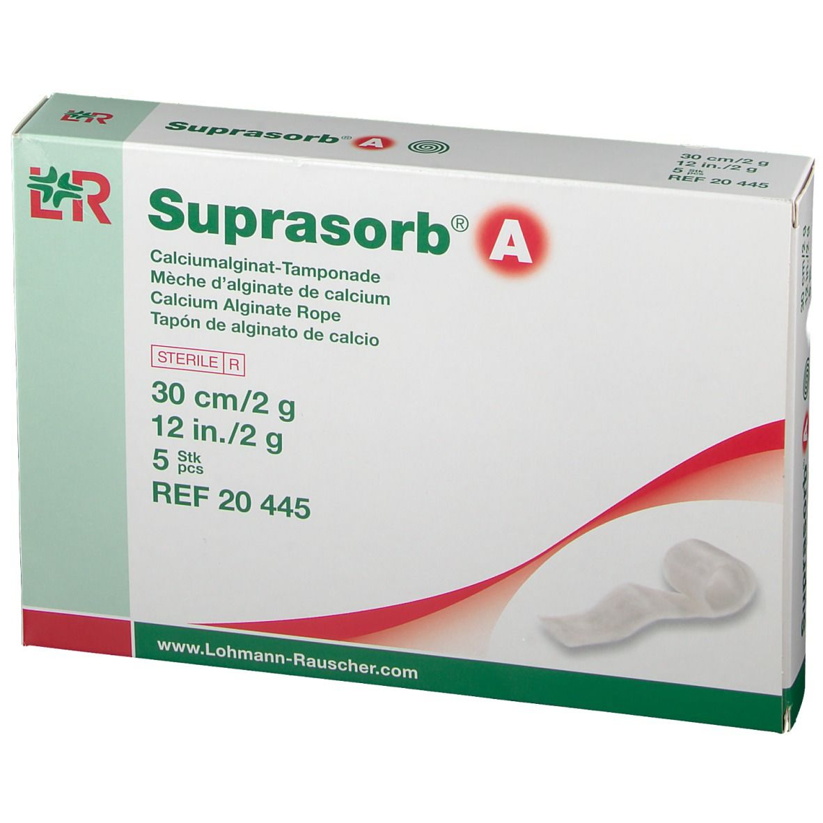 Verpakking van Suprasorb® A Tamponade. Bevat 5 stuks, 30 cm/2 g. Steriele medische zorg.